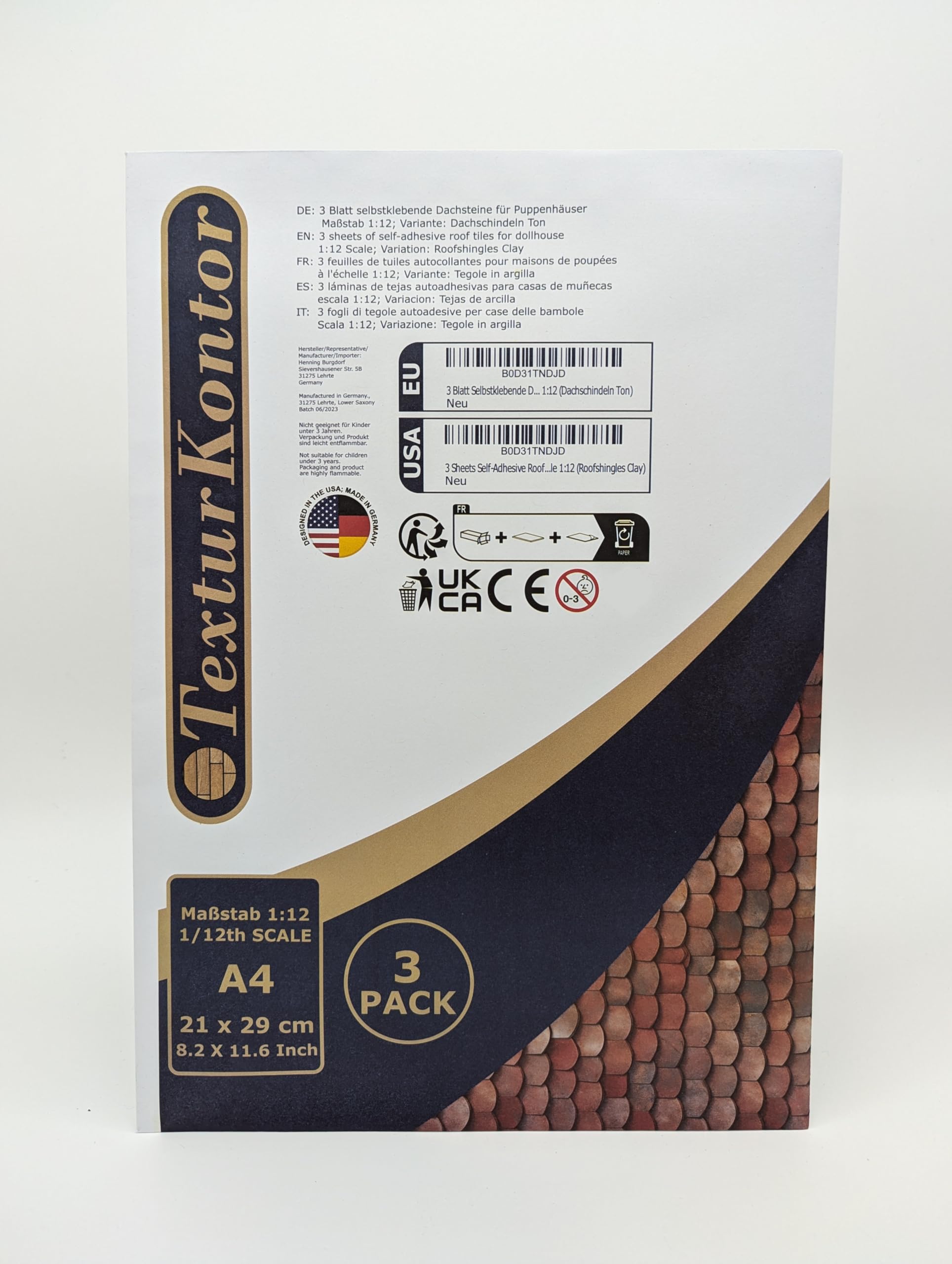 Lot de 3 films décoratifs autocollants pour toiture Pierres de toit - Pour modélisme - Echelle 1/87 H0 (Royaume-Uni : échelle 3,5 mm) (bardeaux de toit