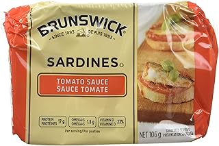 Brunswick Sardines in Tomato Sauce - 106g, 18 Count - Canned Sardines – Excellent Source of Protein - 17g of Protein Per 106g Serving - Contains Omega-3 & Iron – High in Vitamin D & Calcium