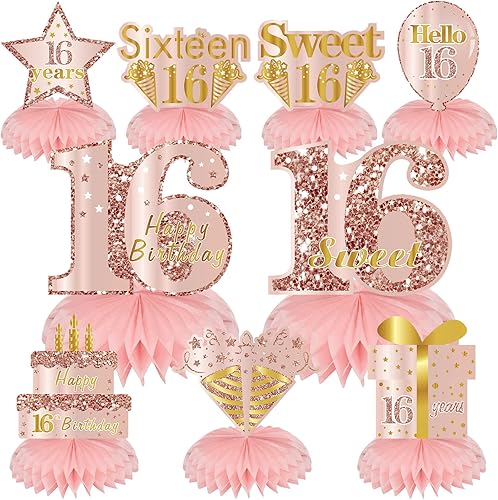 Centros de mesa de cumpleaños de 16 años para niñas, 9 piezas de centro de mesa de cumpleaños de 16 años, suministros de fiesta, decoración de mesa