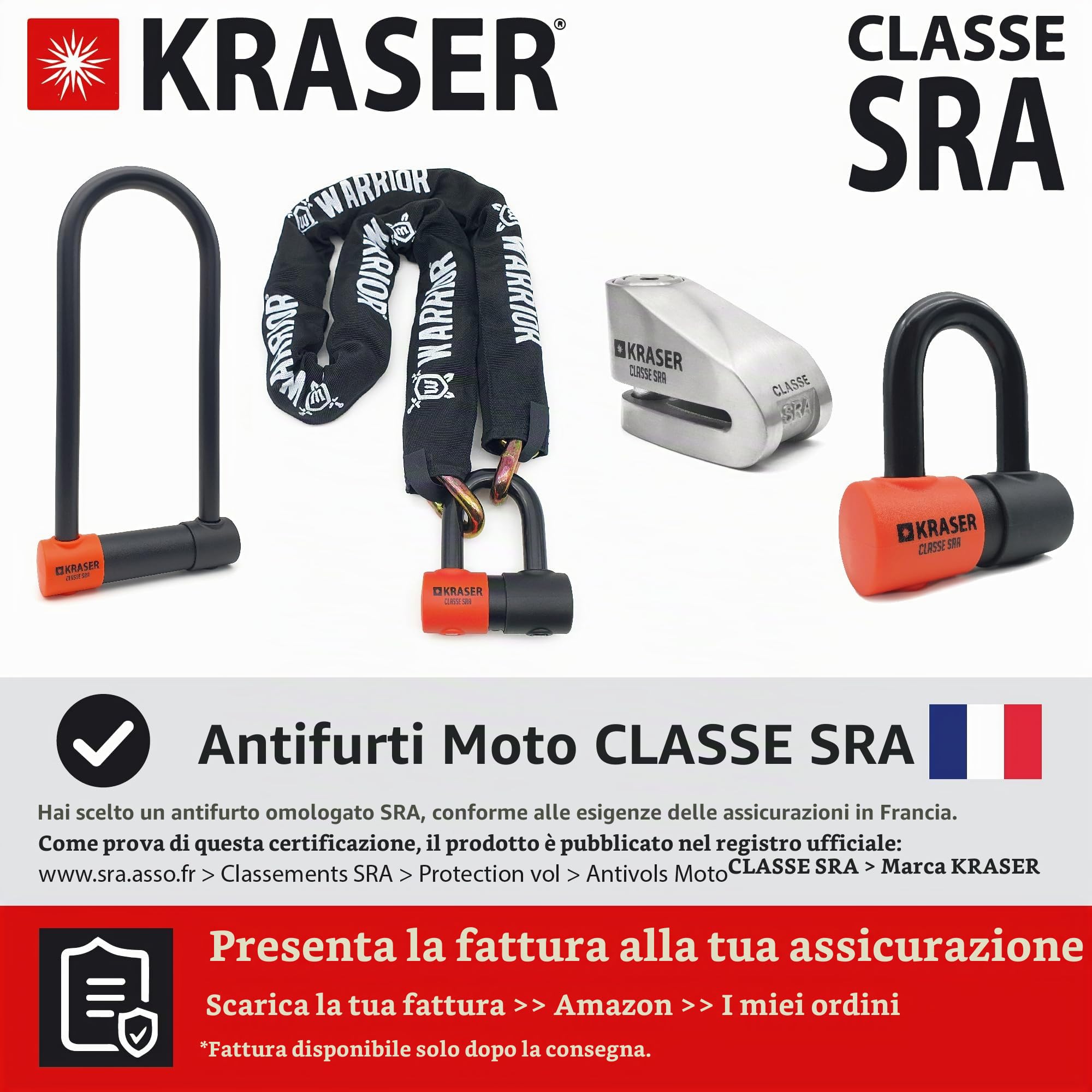 KRASER KR120S Lucchetto a U Blocco Ruota, Robusto, Omologato SRA, Alta Sicurezza Testata, Arco 120x125mm ø18mm Doppia Chiusura, Serratura Antistrappo, Antifurto U Lock per Moto, Scooter