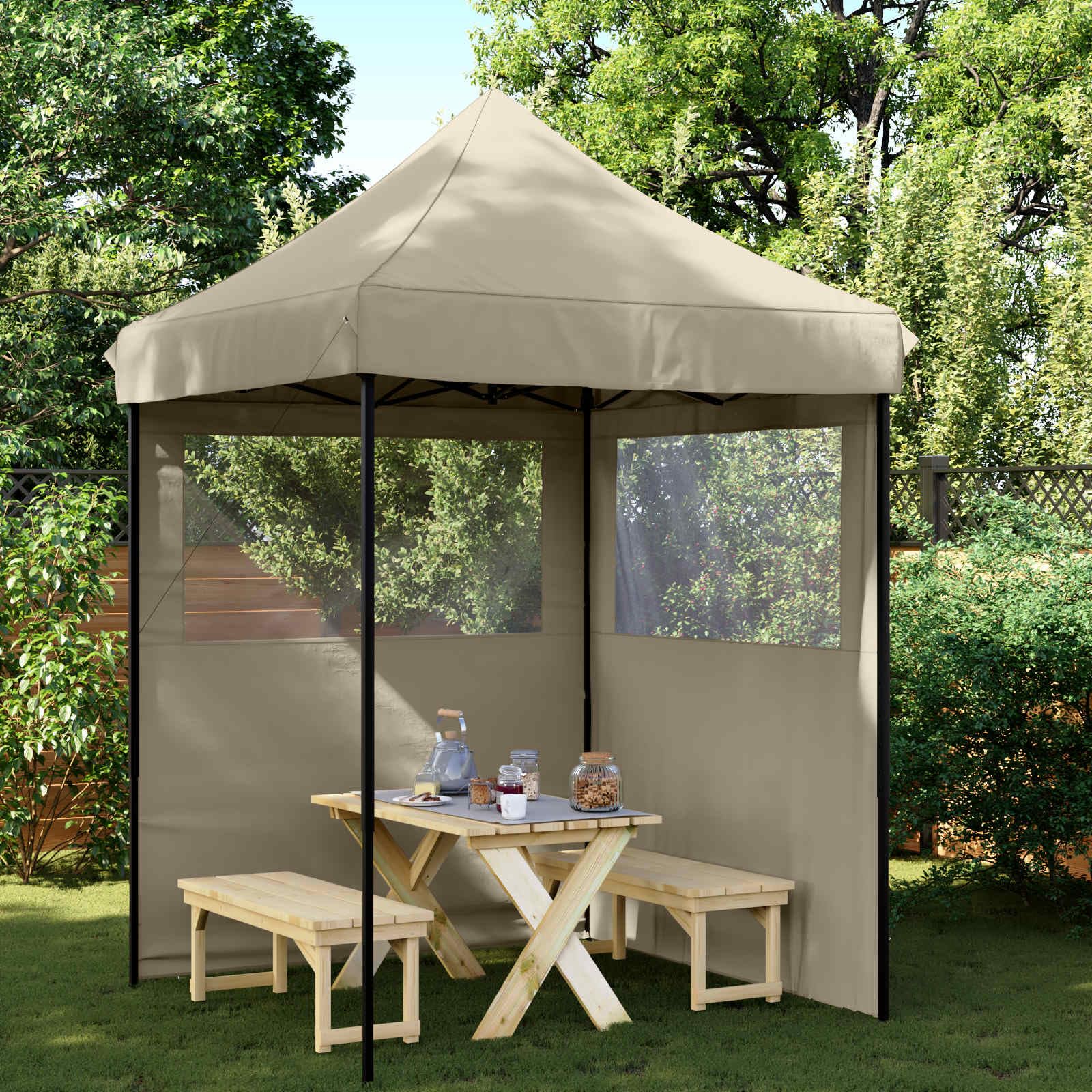 Namiot imprezowy w kolorze taupe, 200 x 200 x 306 cm, tkanina Oxford, składany, z malowaną proszkowo ramą, pawilon do ogrodu, na taras, balkon, kemping, festiwal, wesele, grill, stoisko