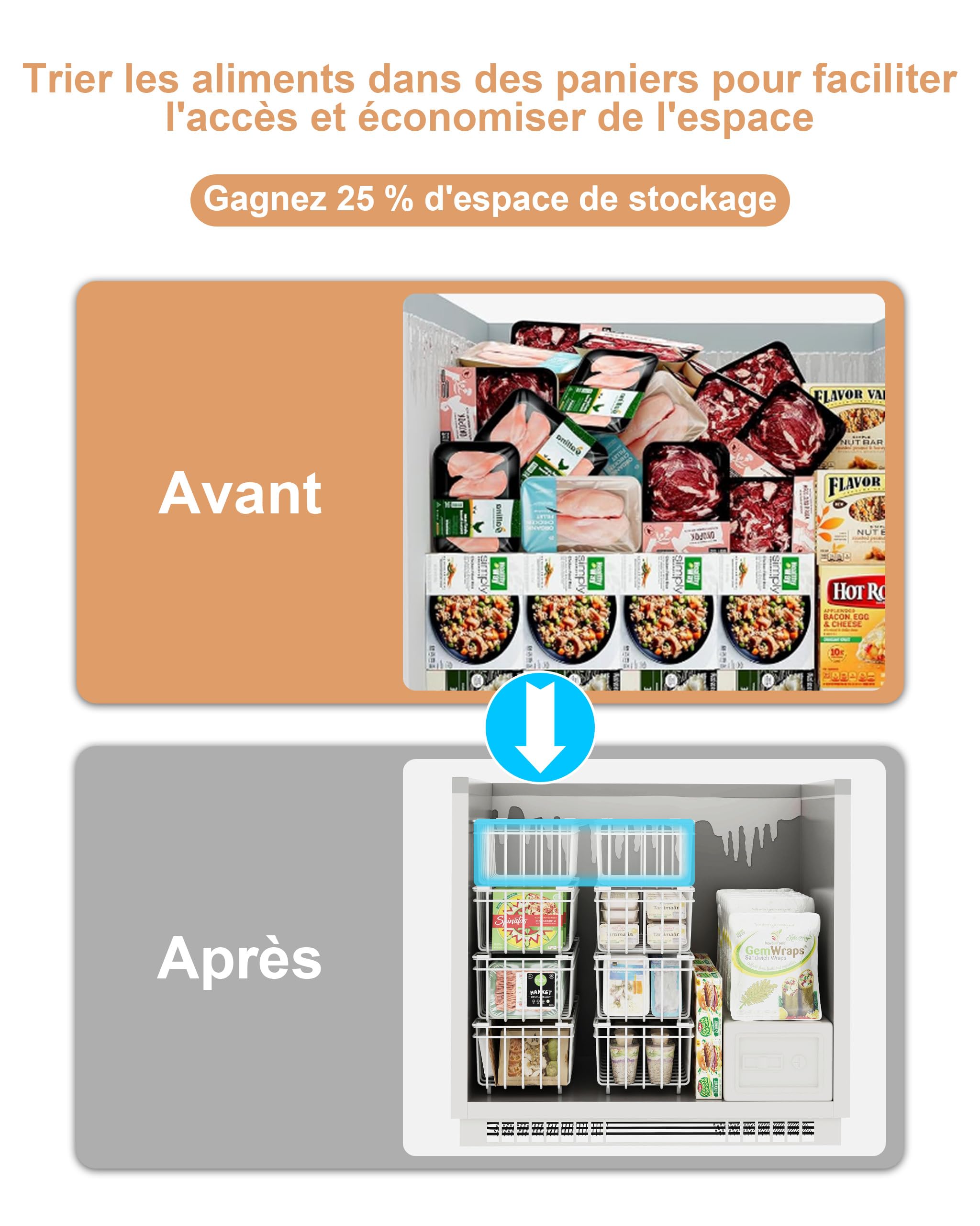 UMDONX 4 Pièces Paniers de CongéLateur Coffre - Poignée Empilable Paniers de congélation,accès facile, pour 198L congélateur,Organiser les ingrédients congelés (37x18x15cm)-Blanc