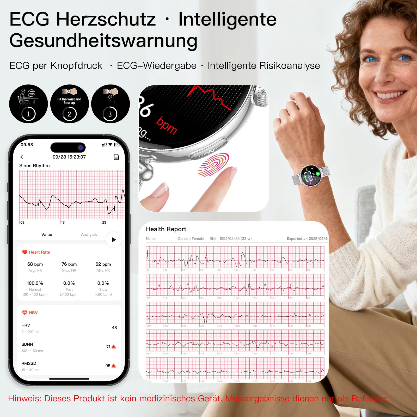 2026 Neu Smartwatch Damen mit EKG/Blutdruckmessung/Schlaf, 1,32"AOD Klein Runde Gesundheitsuhr mit AI-Zifferblatt &AI-Smart-Q&A,Bluetooth Anrufe/SpO₂/Puls/HRV/BMI/Stress/Menstruationszyklus Fitnessuhr