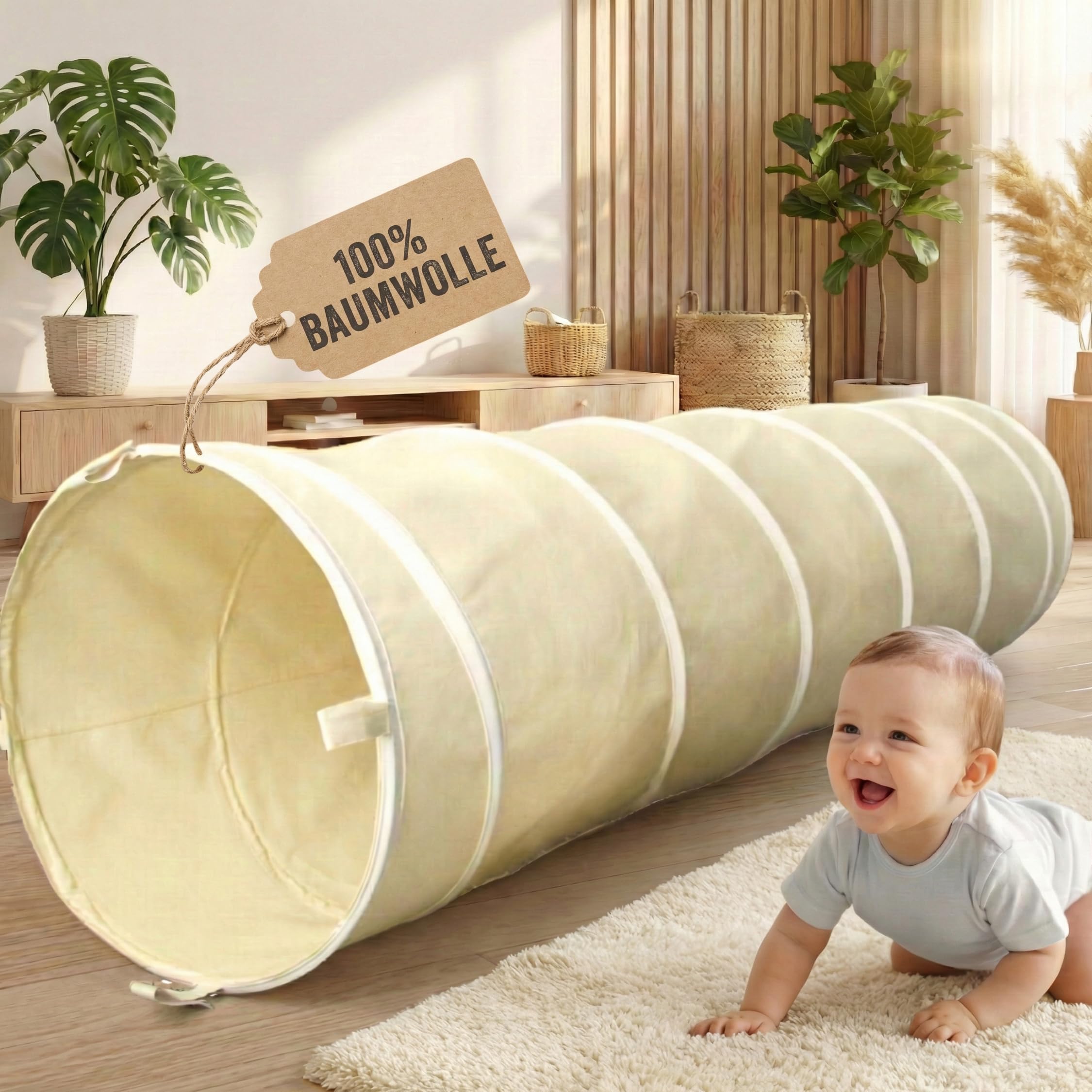 LIONHERZ® Spieltunnel für Kinder aus 100% Baumwolle mit Klettverschlüssen | Krabbeltunnel für Baby [180cm x 46cm] Faltbarer Pop-up Kriechtunnel | Krabbelrolle passend zu unserem Tipi (Cremeweiß)