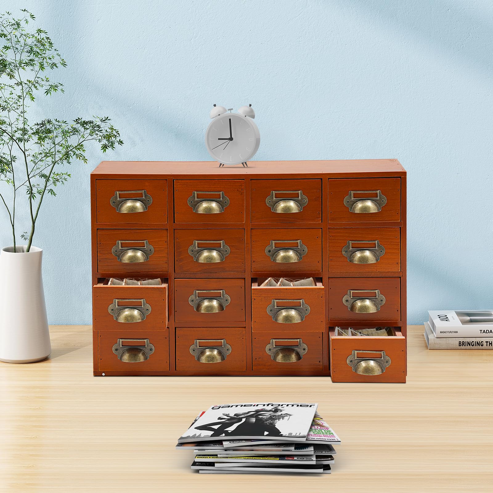 Organizer da scrivania in legno vintage, 16 scomparti, multifunzione, marrone, 50 cm | Con vernice trasparente per ufficio o casa, pratico per piccoli utensili, facile montaggio da tavolo, 4 livelli per ordine