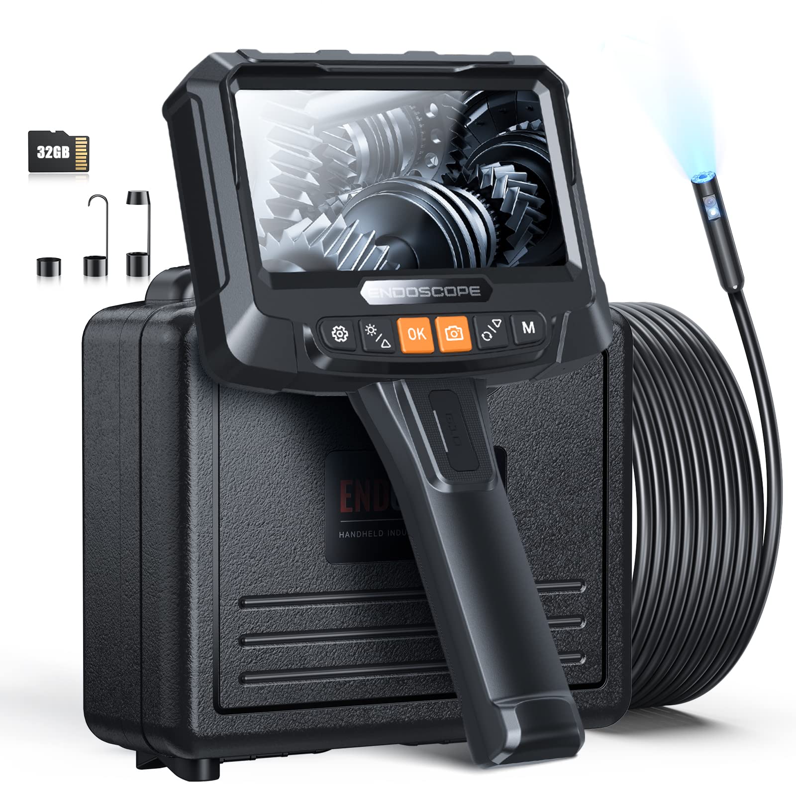 Borescope Inspection Camera, Endoscope with Light, Digital Video Scope Camera, 5" IPS Screen, Stroboscope