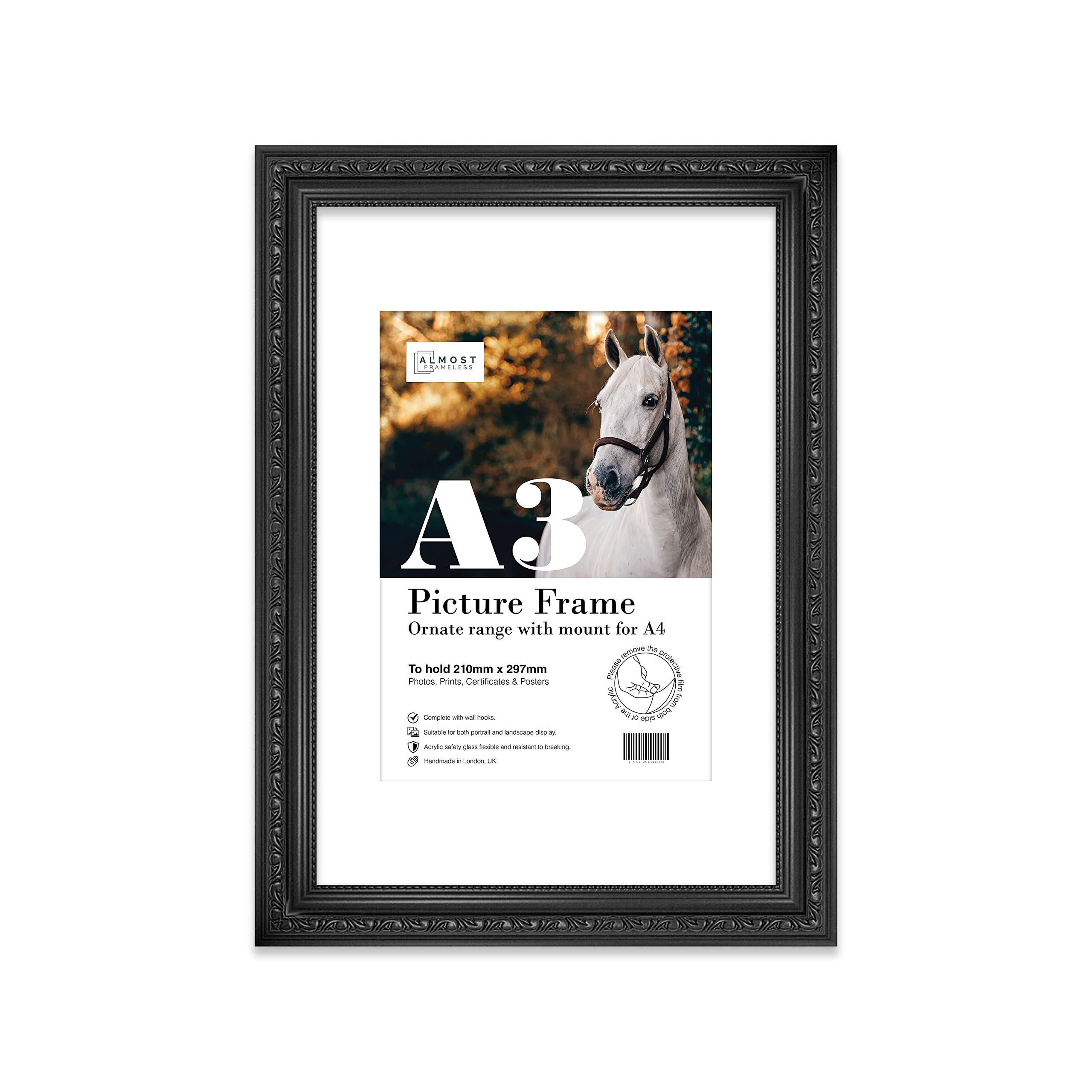 Almost Frameless A3 Black Ornate Picture Frame With White Mount for A4 (21 x 29.7cm -8.3 x 11.7in) Poster, Photo, Artwork, or Print. Opulent Style Portrait and Landscape Display with Wall Hooks
