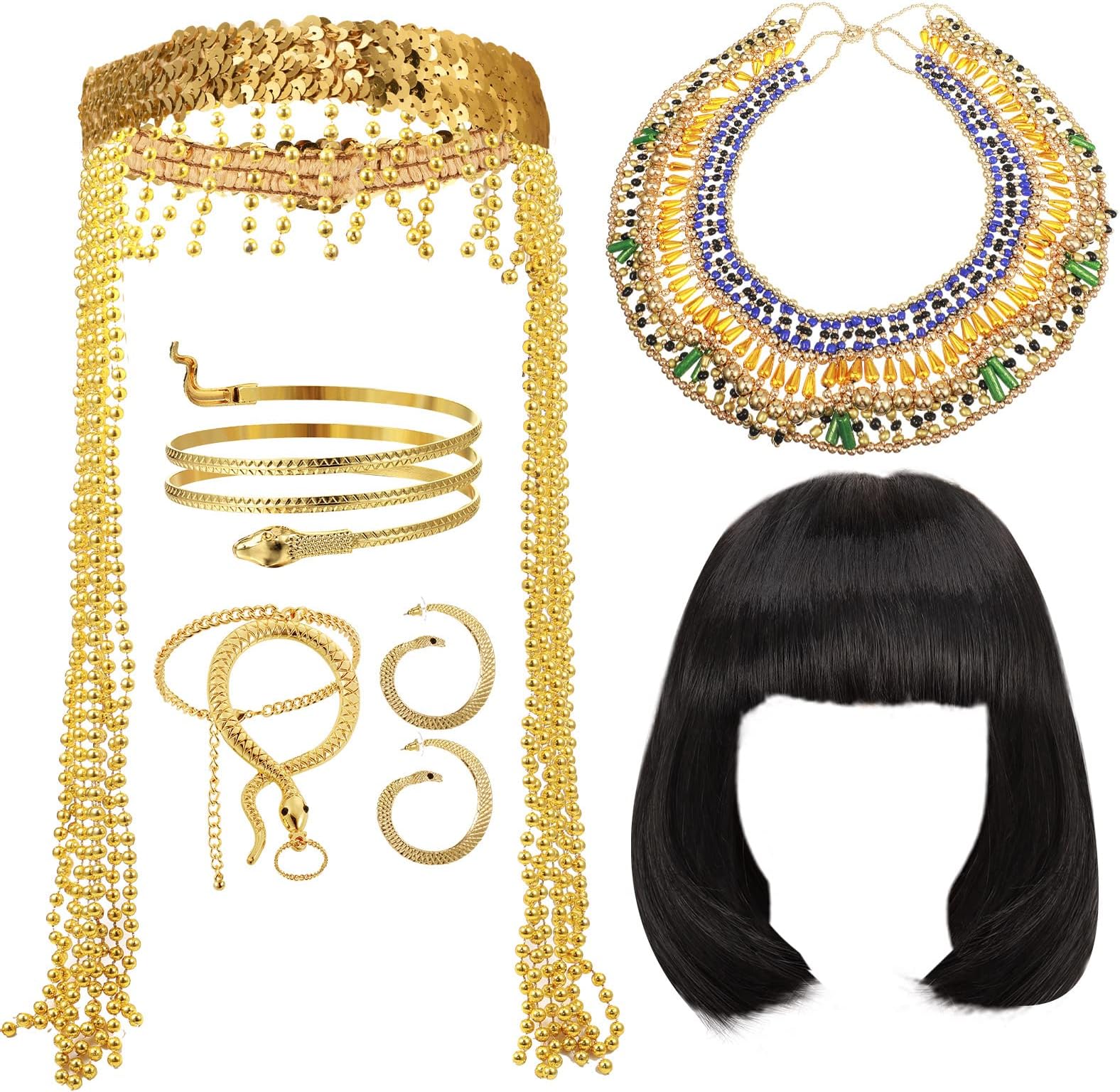 6 Pcs Egyptian Headpiece Costume for Women Africa Accessories Set Bob Wigs Tassel Head Chain Snake Arm Cuff Golden Finger Ring Bracelet Collar Necklace Earring Cosplay Party