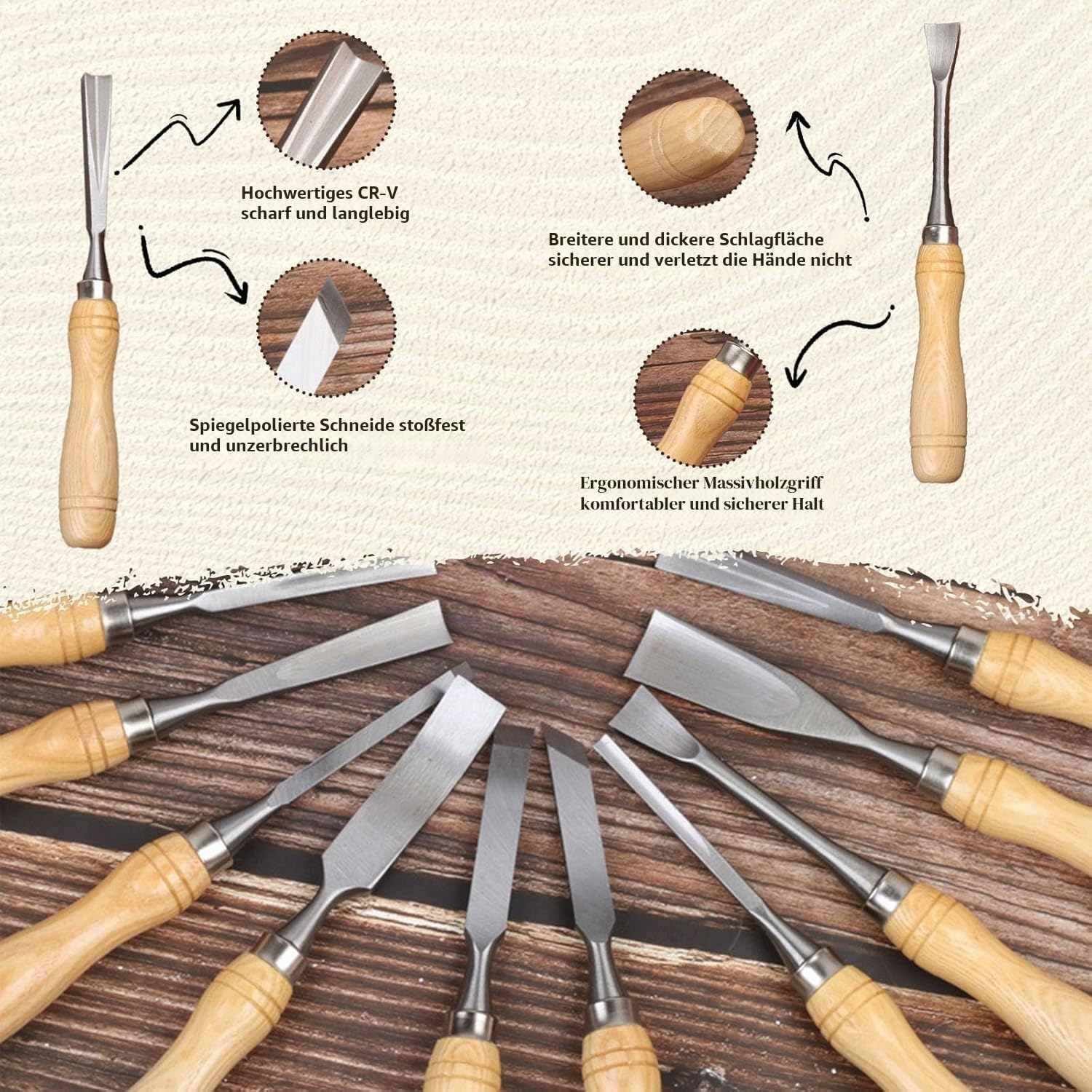 12-teiliges Holzschneidewerkzeug-Set aus 60Cr-V-Stahlklingen & hochwertiger Holz-Geschenkbox – Stecheisen-Set für Holzbearbeitung, geeignet für Anfänger und Profis