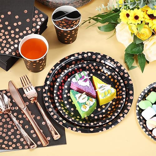 Miniatura 4 de 700 piezas de suministros de fiesta de color negro y oro rosa para 100 invitados, juegos de vajilla desechables, platos de papel de oro rosa negro,