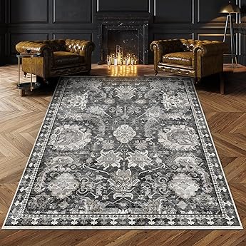 RUUGME Washable 5x7 Area Rugs - Large Rugs for Living Room Stain Resistant Carpet Vintage Rugs for Bedroom with Non Slip Backing Home Decor Floor Decoration Mat (5x7 Black)