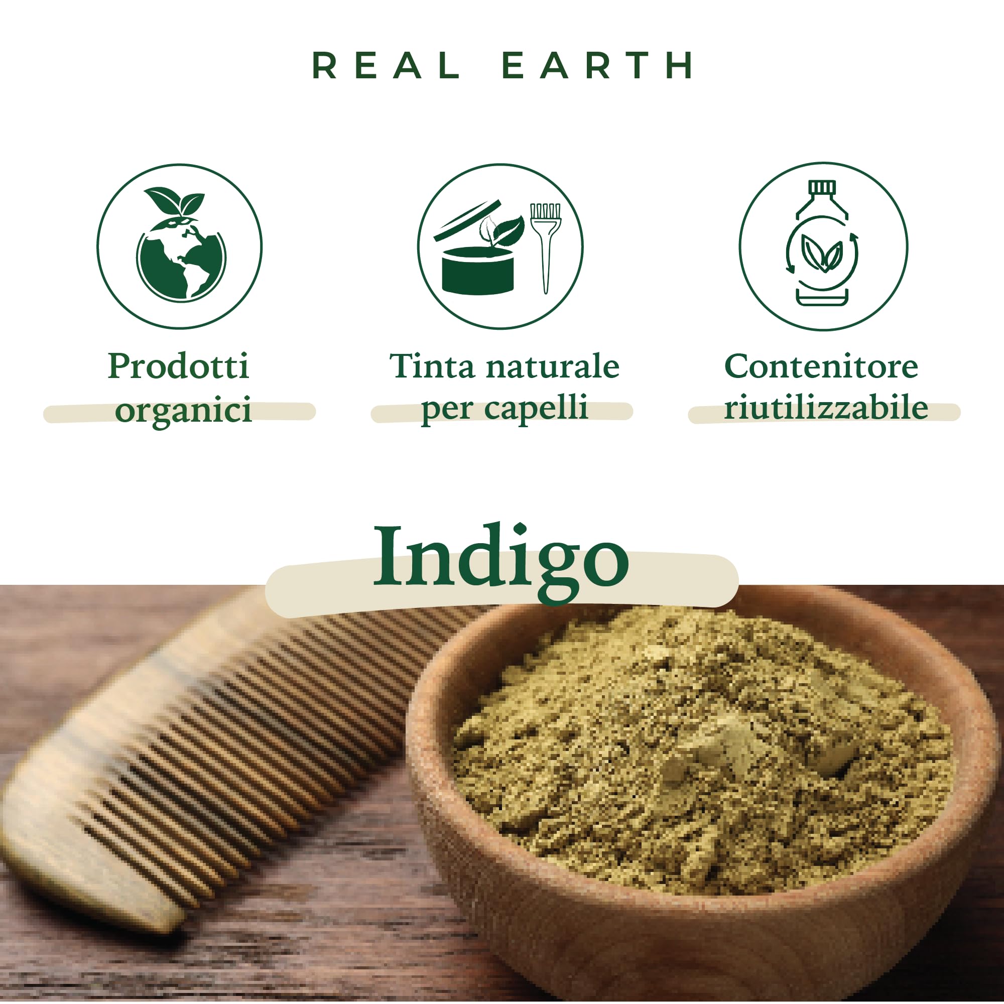Real Earth Henne Capelli 250g 100% Naturale. Hennè Tinta Nero Rosso Biondo Cenere Castano Scuro Marrone Freddo Rame - Prodotto in India (Indigo, 250g)