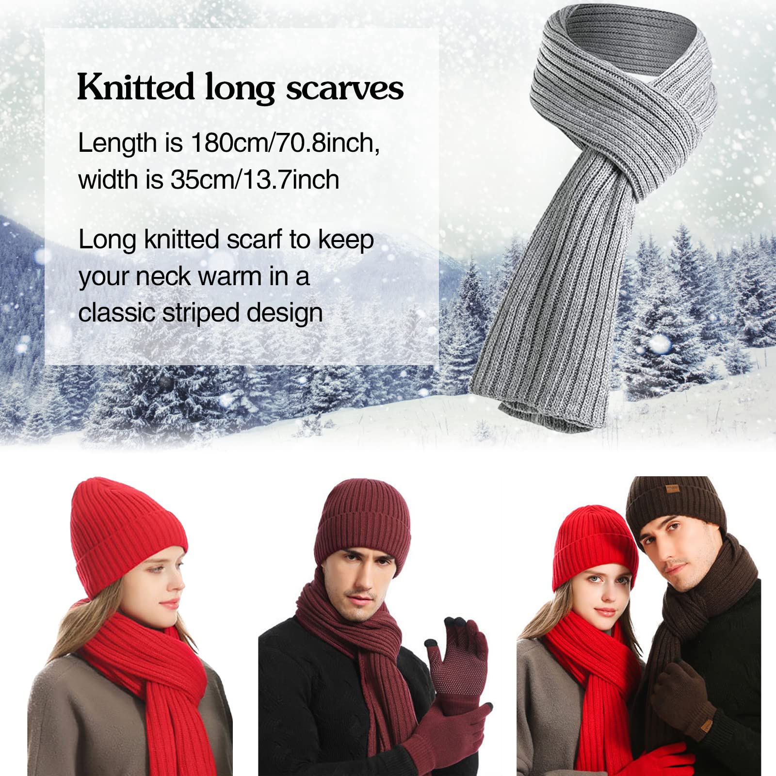 Ensemble de 3 pièces d'hiver unisexe avec bonnet, écharpe, gants chauds en tricot pour écran tactile, tenue longue écharpe pour homme et femme