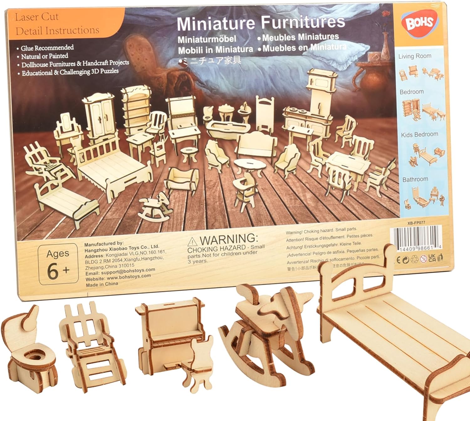 BOHS 34-Piece Dollhouse Furniture Set -1/24 Scale, Laser Cut Wooden 3D Puzzles - Miniature Doll House DIY Models and Accessories