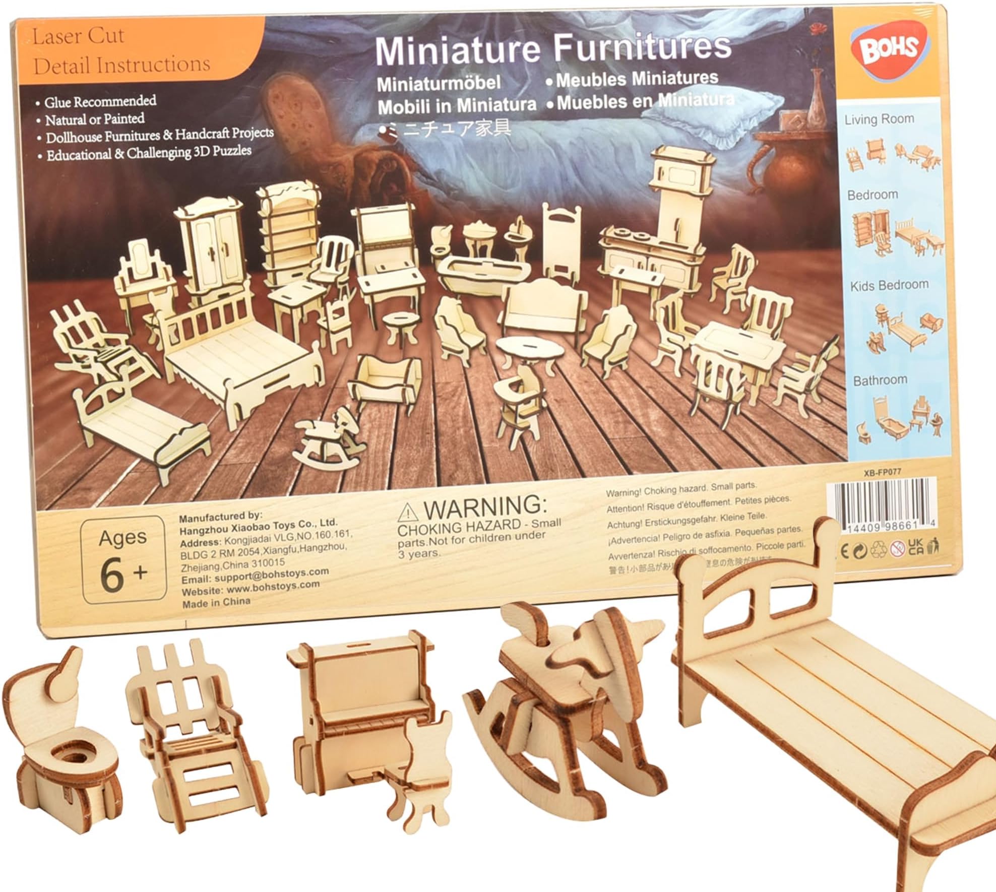 34-Piece Dollhouse Furniture Set -1/24 Scale, Laser Cut Wooden 3D Puzzles - Miniature Doll House DIY Models and Accessories