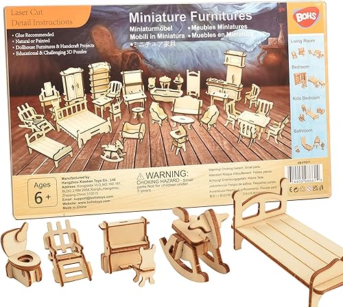 BOHS Juego de muebles de casa de muñecas de 34 piezas, escala 1/24, rompecabezas 3D de madera cortados con láser, modelos y accesorios en miniatura