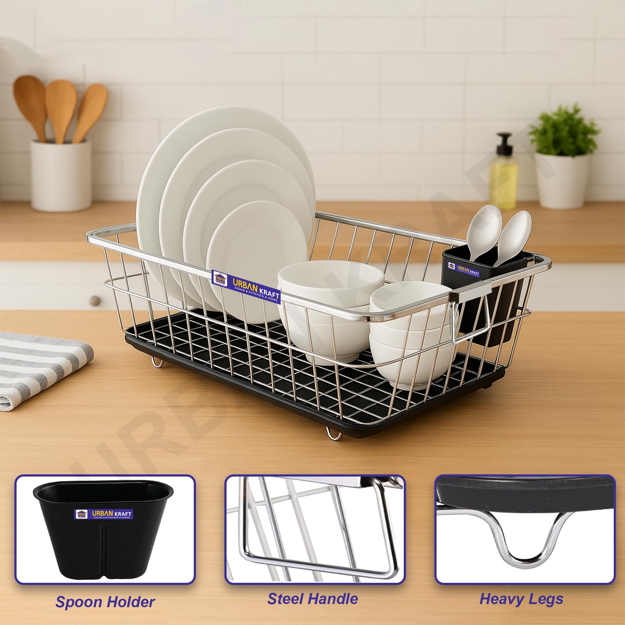 URBAN KRAFT Stainless Steel Dish Drainer - Tray & Spoon Holder -3