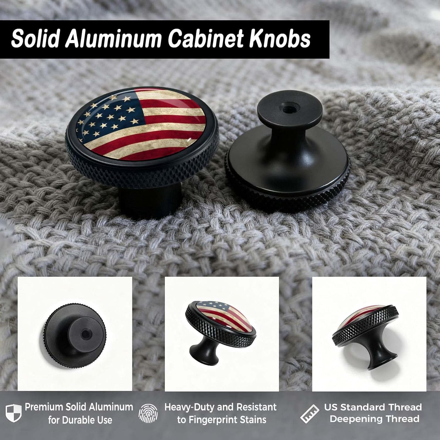 4 Pack Cabinet Knobs Round Matte Black Drawer Pulls, Rustic American Flag Hardware Dresser Knob for Bathroom Kitchen