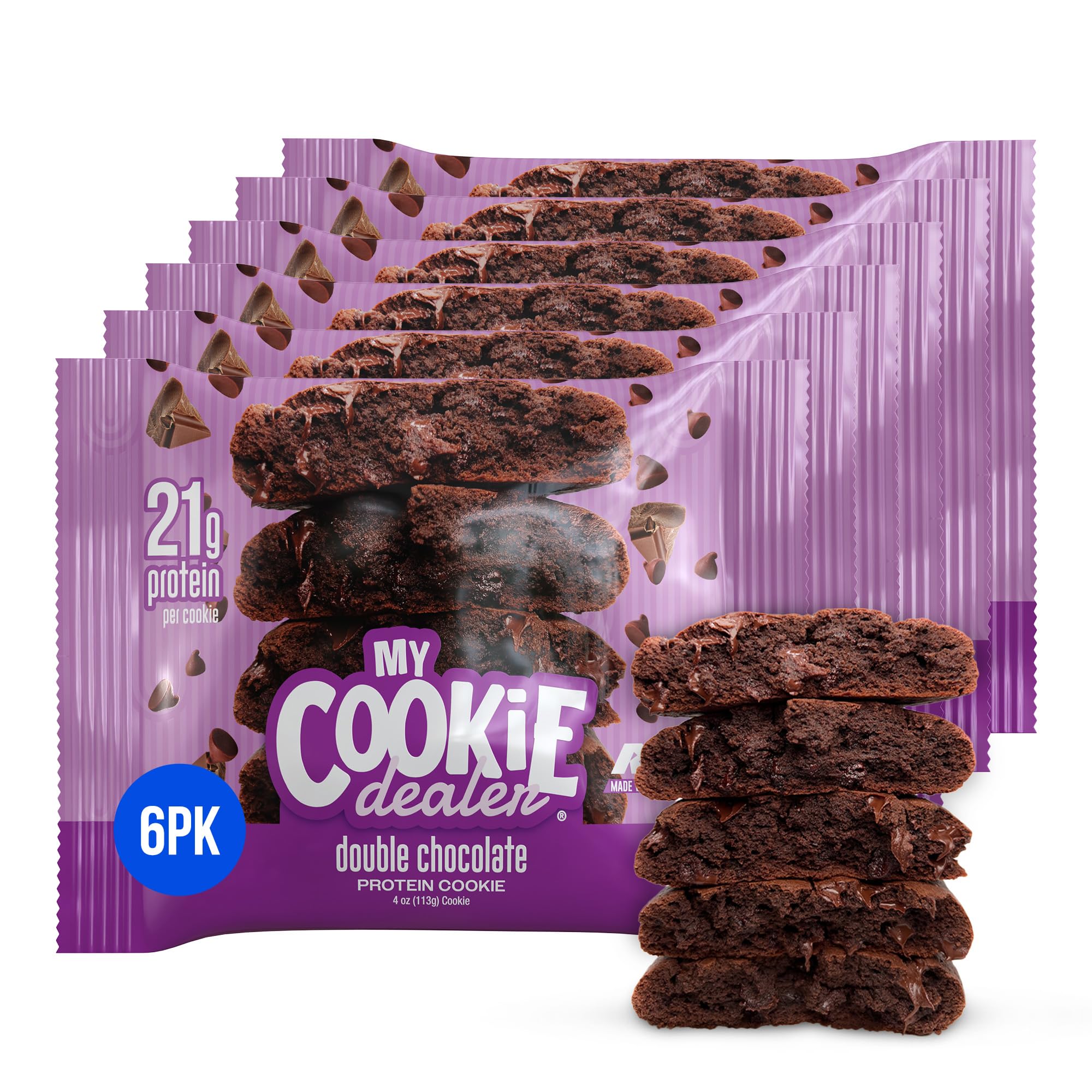 My Cookie Dealer Protein Cookies, Double Chocolate (4oz, Pack of 6) - 21g Protein per Cookie - Individually Wrapped Workout Snacks for On-The-Go Travel