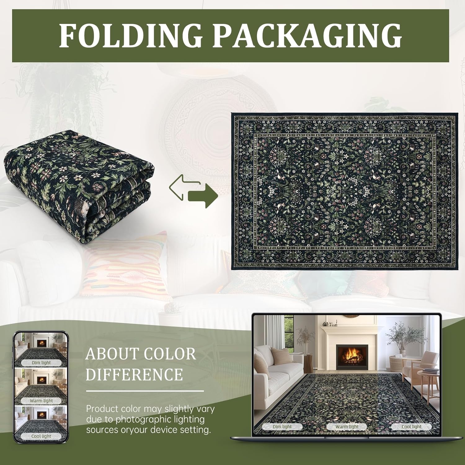 Dintszyayue 5x7 Area Rugs Boho Floral Non Slip Soft Washable Area Rugs for Bedroom Farmhouse Dining Room Under Table Green
