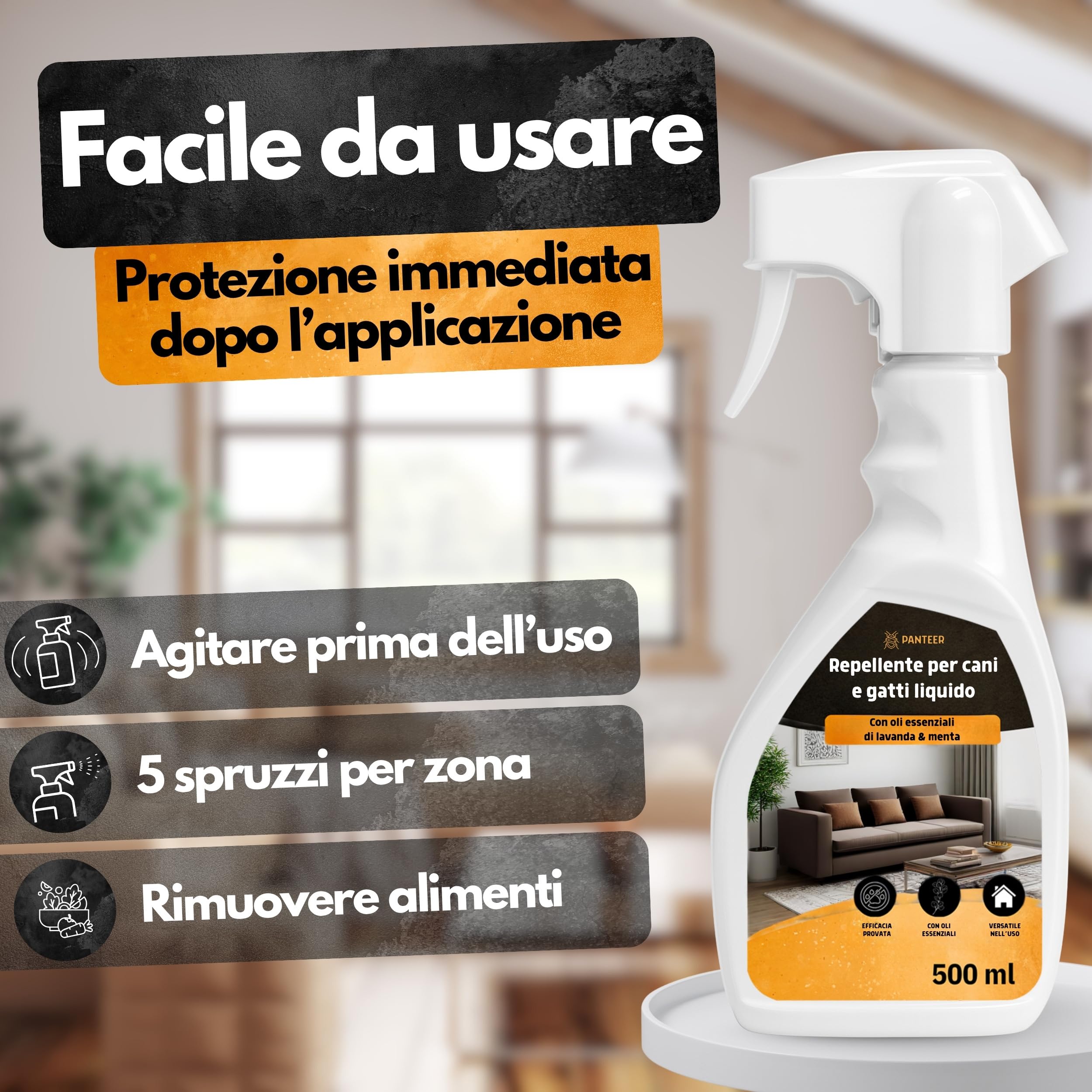 Panteer Spray Barriera Protezione Superfici – 500 ml – Protezione Contro urina e Graffi – per divani, mobili e tappeti – Uso Interno ed Esterno