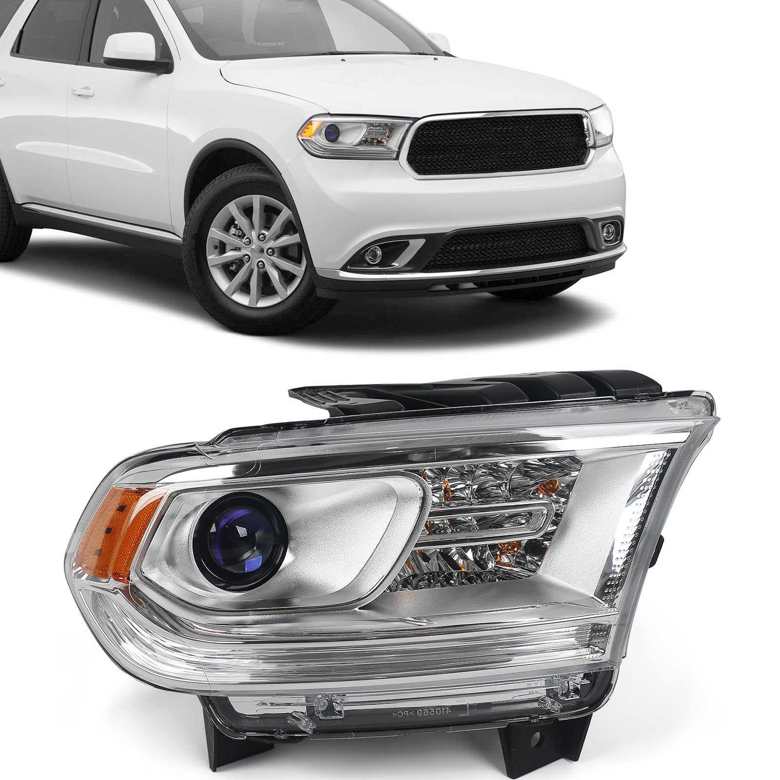 FIONE Halogen Headlight Assembly Compatible With Dodge Durango 2014-2020 Replacement Chrome Housing Headlights Without LED DRL Projector Passenger Right Side RH
