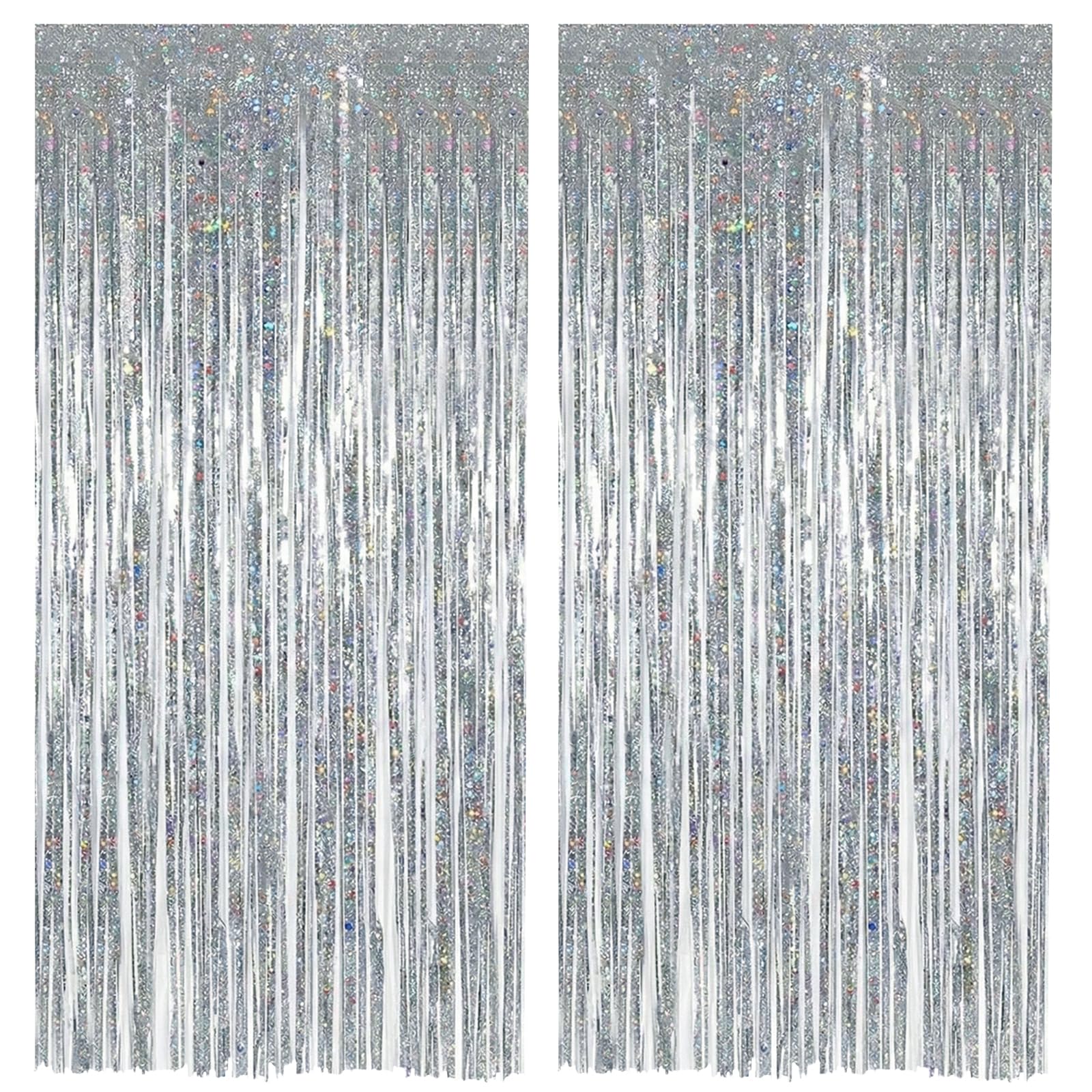 Alaoo Lametta Vorhang Silber, 2 Stück Laser Party Vorhänge Luftschlangen, Glitzervorhang Lametta, Fotowand Hintergrund Party Deko fur Deko Geburtstagsdeko Hochzeit Festivals Bühnendekor, 2.5m