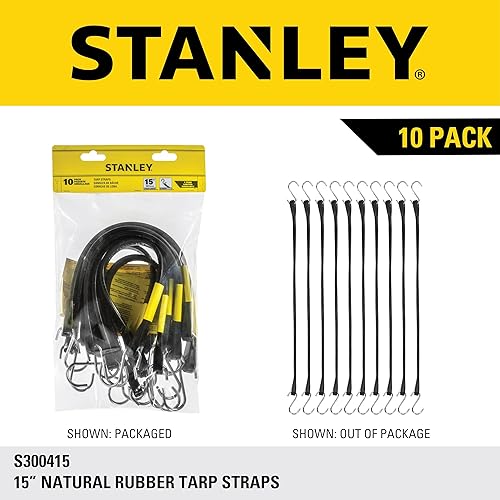 Miniatura 8 de STANLEY S300415 - Cuerdas elásticas de goma negras de 15 pulgadas para todo tipo de clima con ganchos en S para asegurar lonas, transportador de