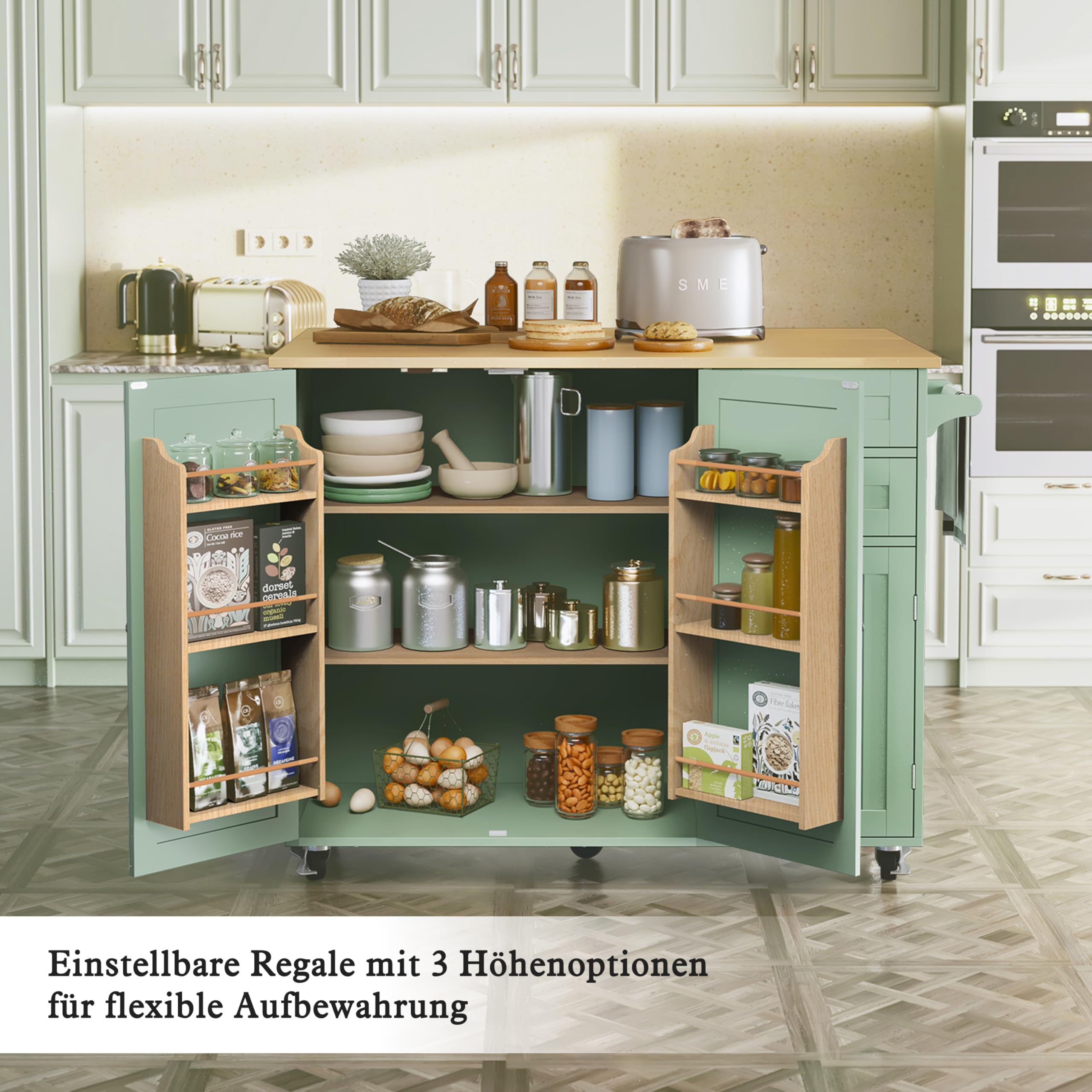HOLTICO Küchenwagen mit Klappbarer Arbeitsplatte-Kücheninsel auf Rollen Küchenschrank Anrichte Küche Bewegliche Kücheninseln Für Esszimmer, Küche(Grün)