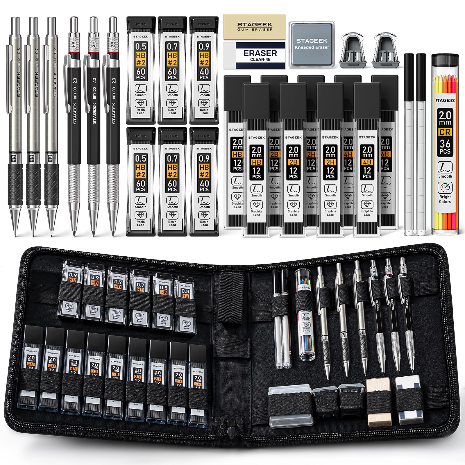 STAGEEK 30PCS Mechanical Pencil Set with Canvas Bag, 0.5, 0.7, 0.9 & 2mm | Drawing Pencils with 464PCS Lead Refills (6B 4B 2B HB 2H 4H Color), Erasers, Sharpeners, Artist Pencil for Sketching Drafting