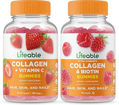Lifeable Paquete de gomitas de colágeno y vitamina C + colágeno y biotina, gran sabor, suplemento vitamínico, sin gluten, sin OMG, gomita masticable