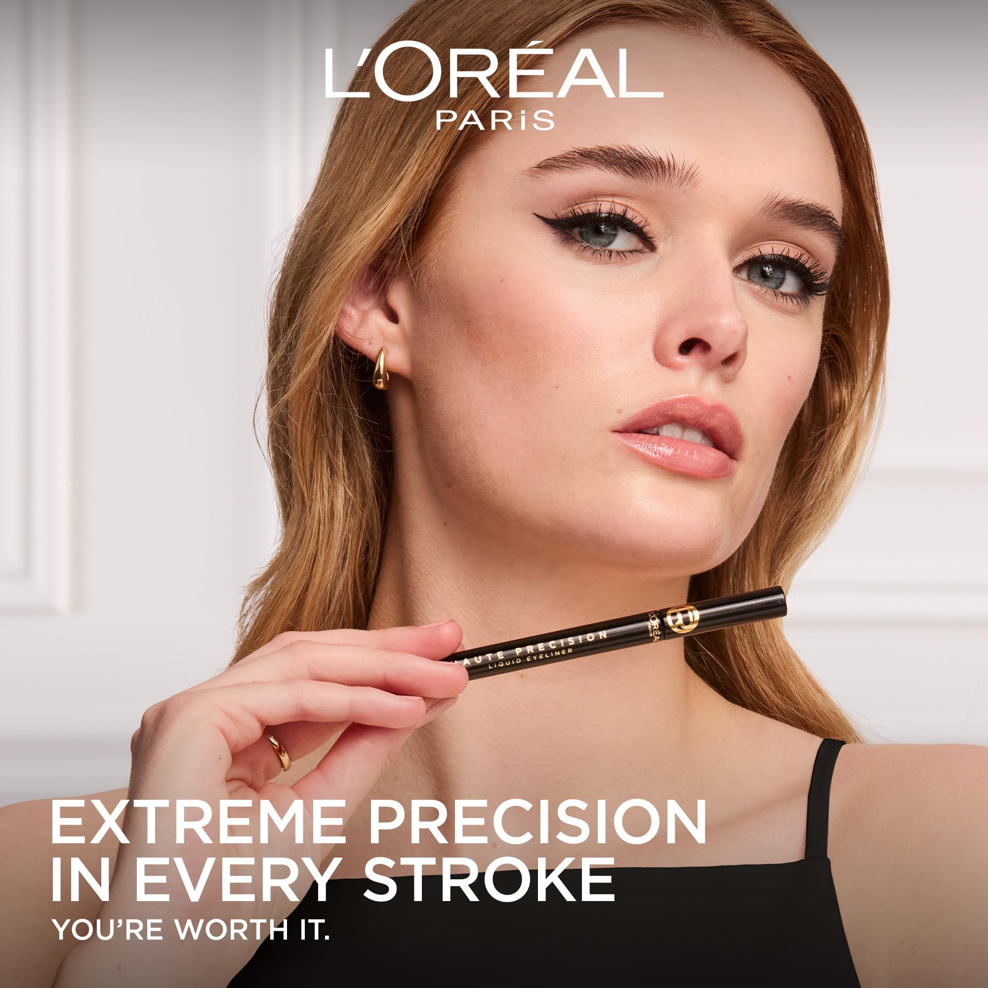 L'Oreal Paris Haute Precision Noir Silk, czarny eyeliner w płynie | L'Oréal Paris Eyeliner Filc o wysokiej precyzji 24h Wodoodporny Czarny Jedwabny