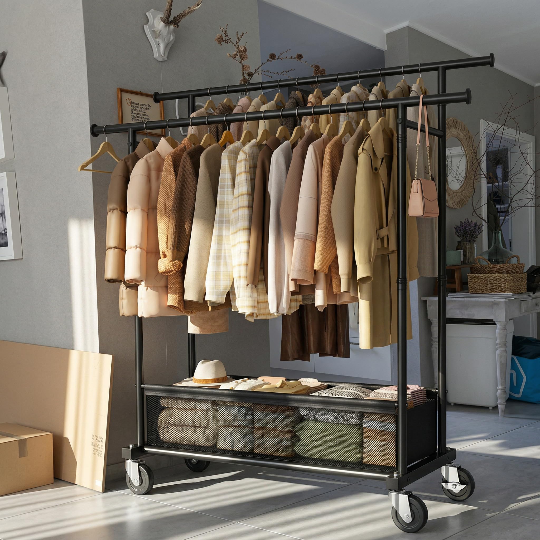 110cm Doppelter Kleiderständer auf Rollen, 110KG Traglast Stabil Kleiderständer mit 48L Wäschekorb, Kleiderstange für Mäntel, Jacken, Pullover, Kleider, Schlafzimmer, Mietwohnung, Schwarz