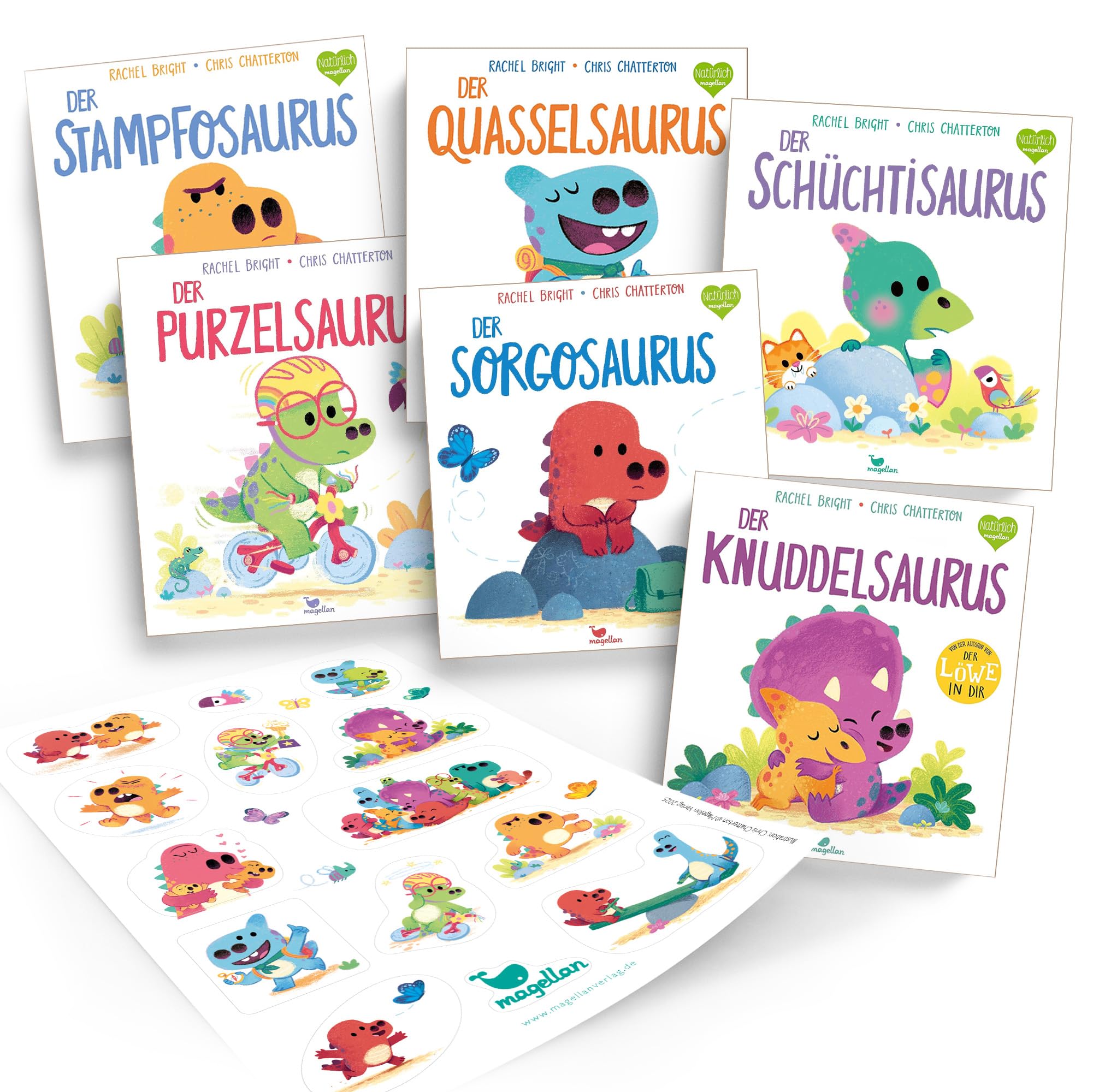Rachel Bright Bücher Set Band 1-6 – Sorgosaurus, Knuddelsaurus, Stampfosaurus, Purzelsaurus, Quasselsaurus & Schüchtisaurus – Dinosaurier Kinderbuch Bundle – zum Vorlesen mit exklusiven Stickern