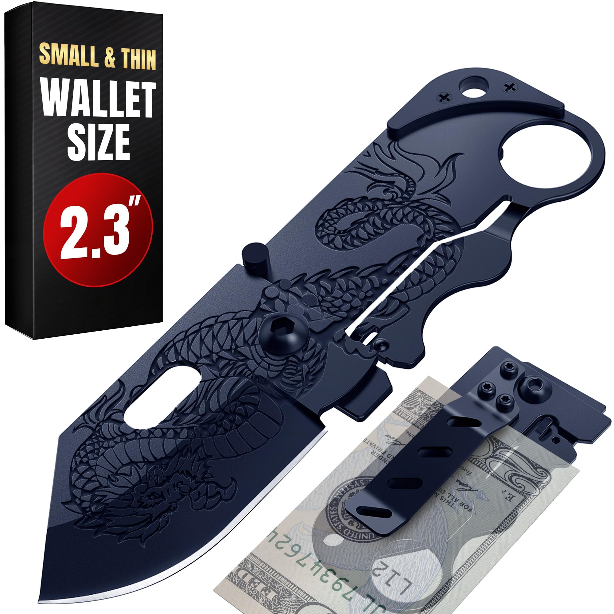 Grand Way Pocket Knife - 2.3” Folding Sharp Blade with Money Clip - Unique Small Knife with Engraved Dragon Blade - Credit Card Holder for EDC- Birthday Gifts Ideas for Men &amp; Women Black 6682