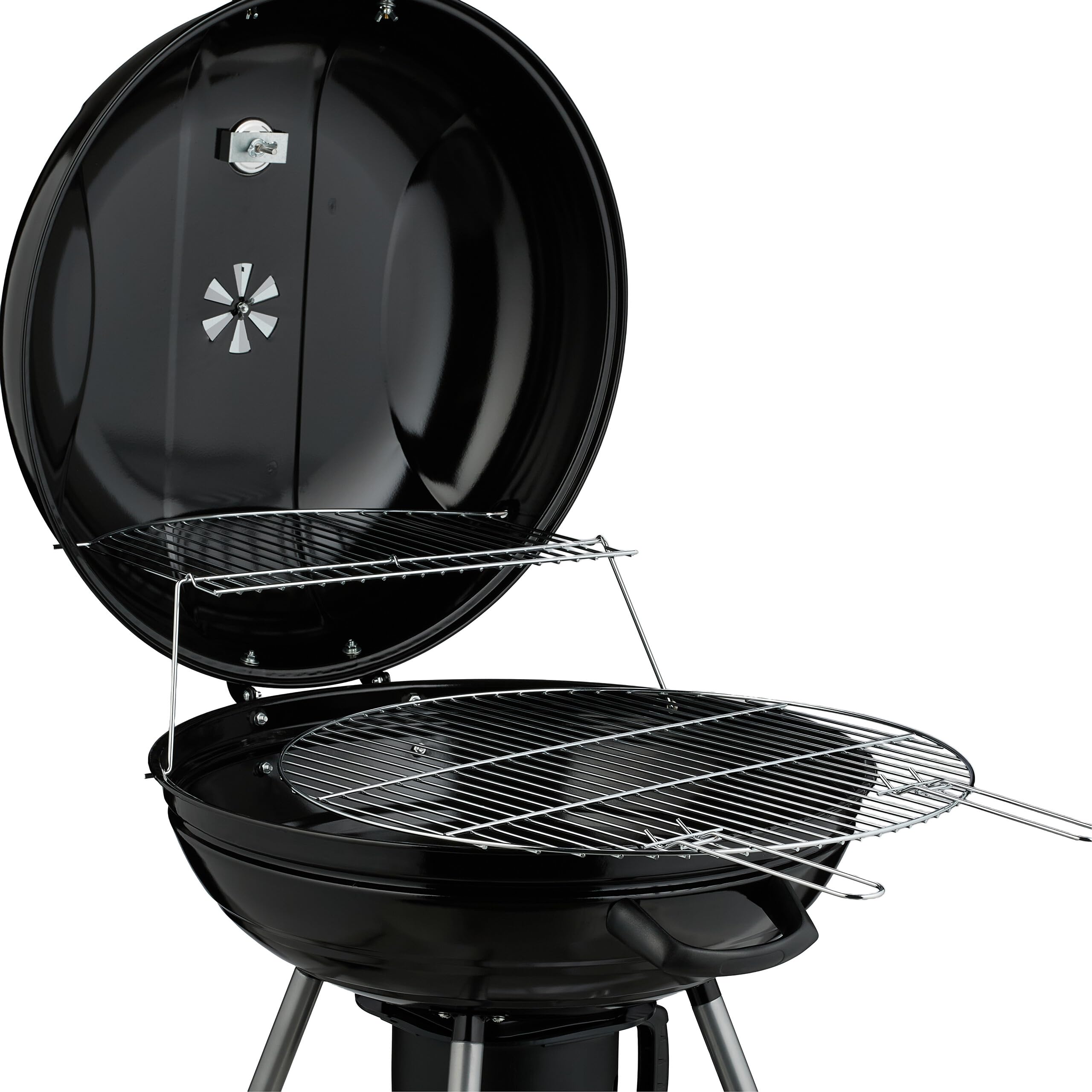 Relaxdays Barbacoa Carbón, 53cm Ø, 2 Rejillas Parrilla, Termómetro, Recogedor Cenizas, Parrillera con Ruedas, BBQ, Negro