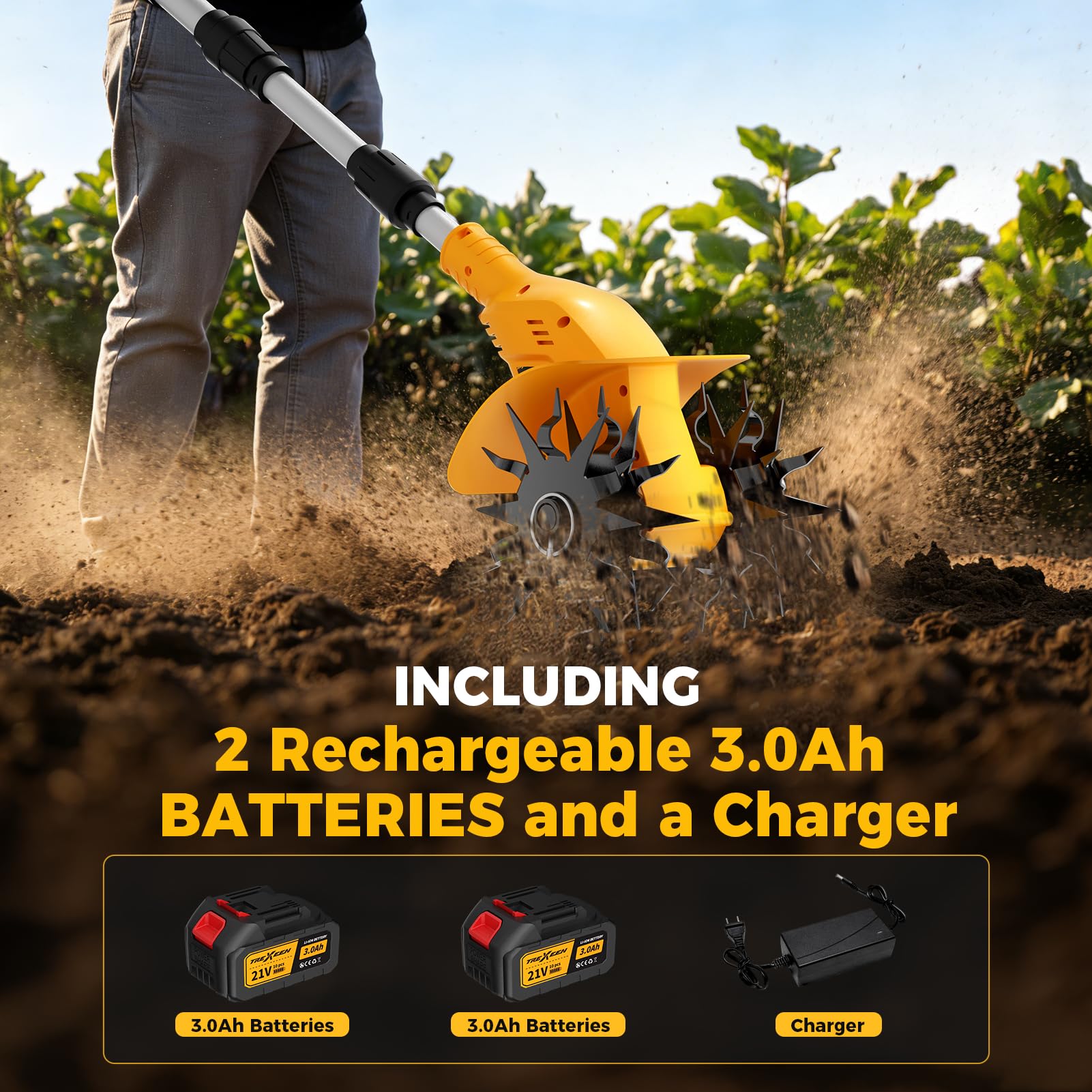 Motoazada Eléctrica de 21 V, Cultivador de Jardín, 360 RPM, con 2 Baterías de 3,0 Ah y Cargador, Ancho de Trabajo de 20 Cm, Profundidad de 16 Cm, Motoazada para Suelos