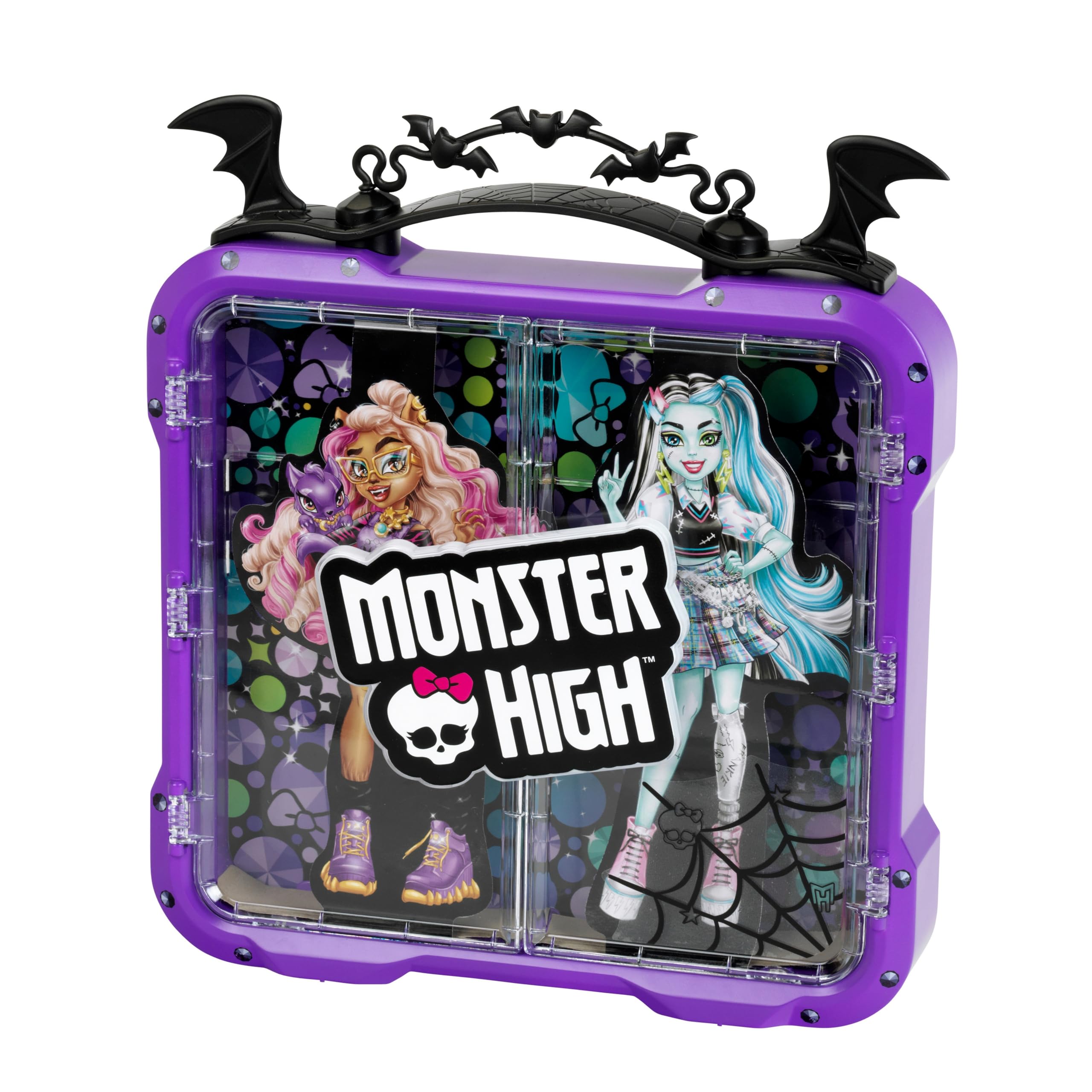 Theo Klein 2559 Monster High Display Case | Cool case with storage compartments for up to 4 dolls | With double-wing display door and Monster High poster | Toy for children aged 3 and up