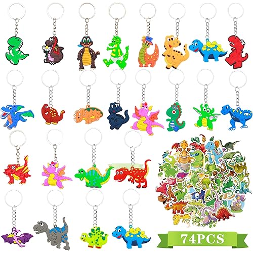 74PCS Dinosaur Party Favors Dinosaur Keychains Rings Stickers Set for Kids Birthday Party Supplies Classroom Prizes Gift Goodie Bag Fillers