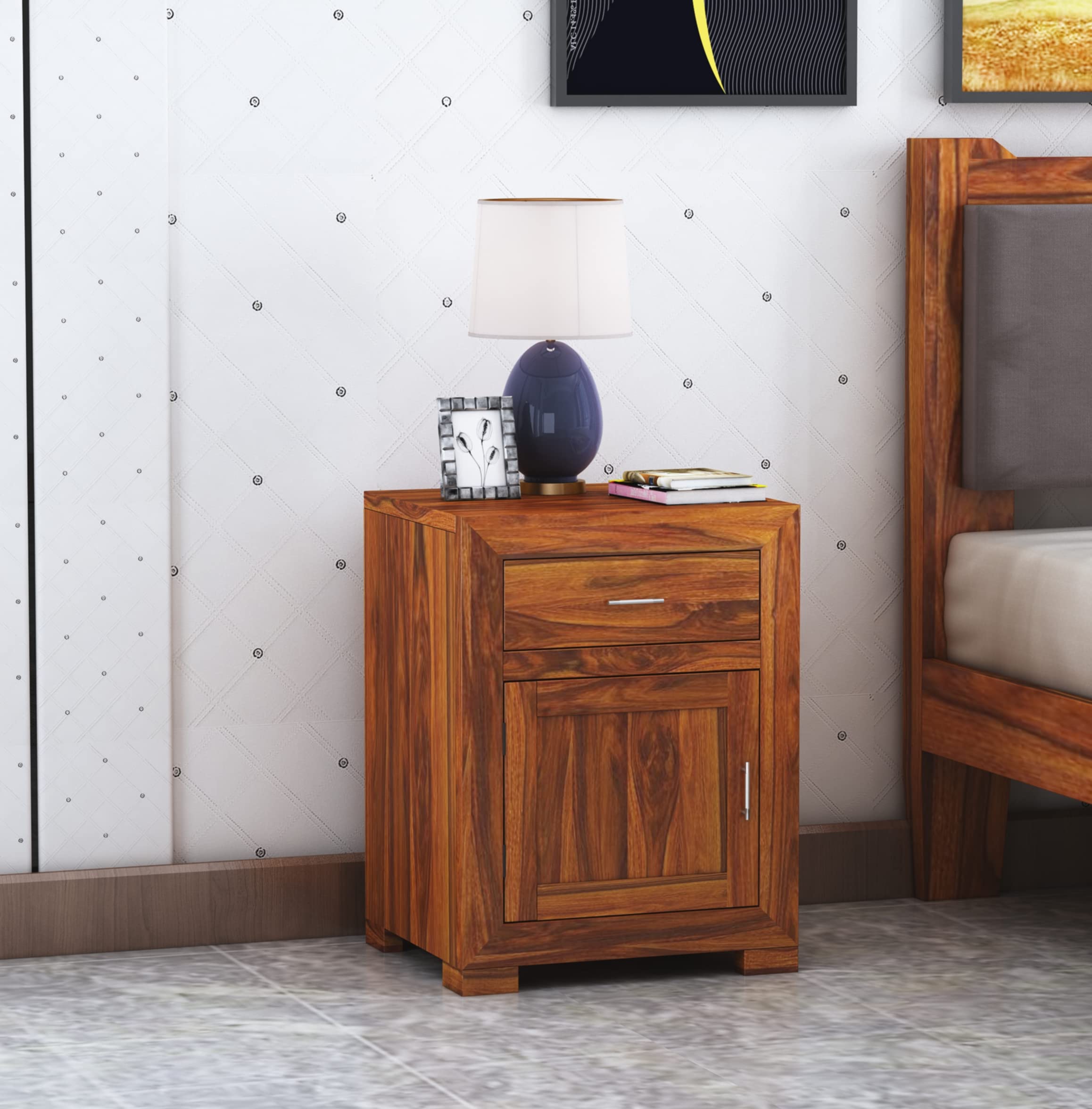 Ganpati Arts Solid Sheesham Wood Trace Bedside Table with Drawer Door Storage for Bedroom Home Wooden Sofa Side End Tables Night Stand Bed Room Furniture 1 Year Warranty(Natural Finish)