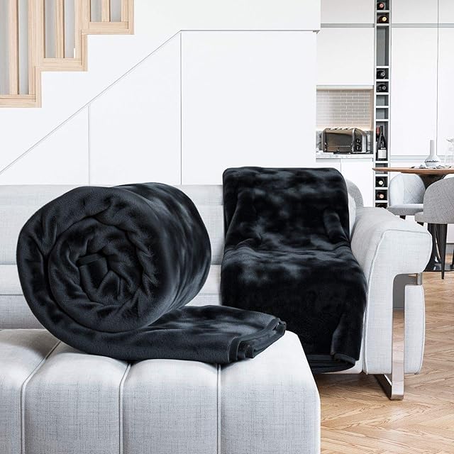 Rohi Blankets Bedspread Black Throw- Luxury King Bed Fleece Throws Super Soft Fluffy Warm Faux Fur Solid Blanket - 200x240cm