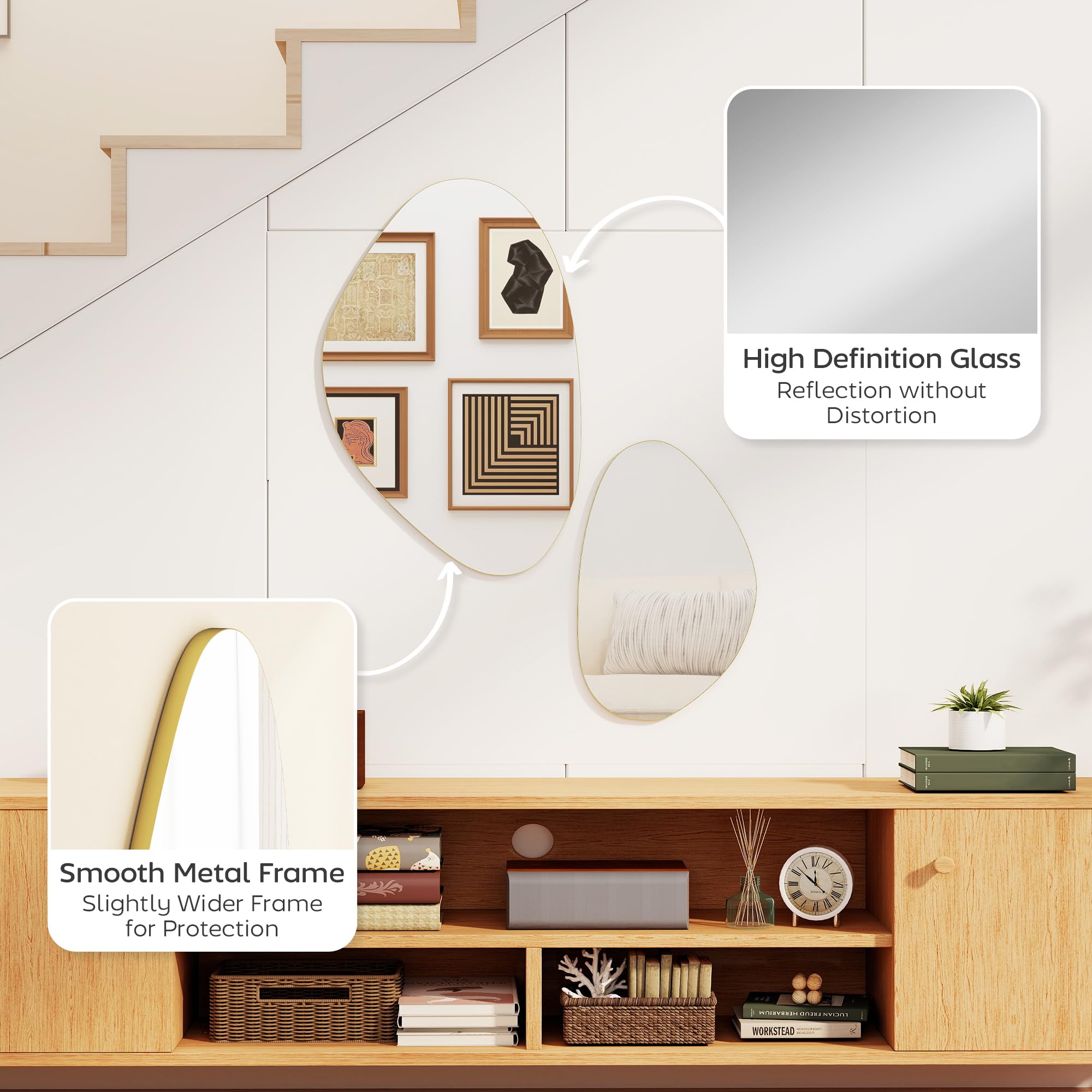 HOMCOM Espejo de pared irregular 2 guijarro marco metálico oro | 70 x 46 cm, 49,5 x 31 cm, espejo colgante asimétrico, sala de estar, entrada, dormitorio, pasillo