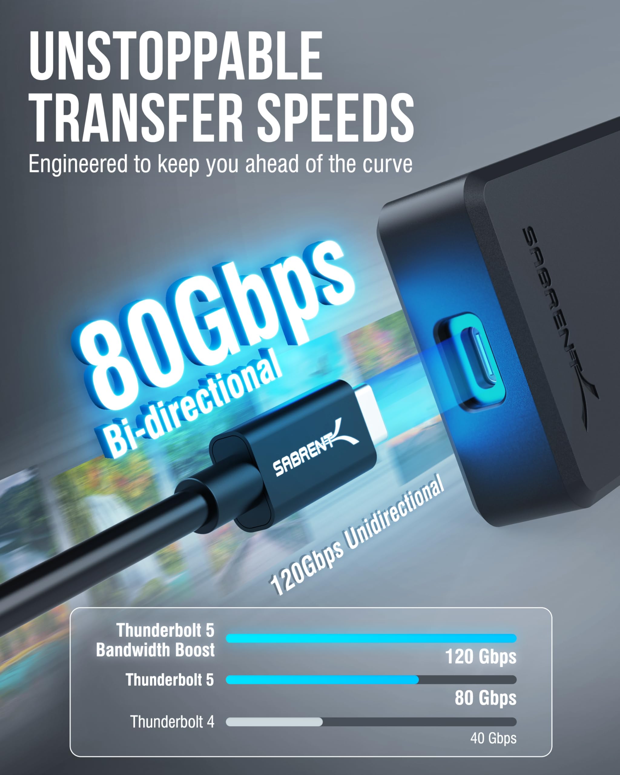 SABRENT Cable Thunderbolt 5 Certificado - 90cm - Ancho de Banda 120Gbps, Compatible USB4 v2, 240W PD 3.1 EPR, DisplayPort 2.1, PCIe 4-Lane, Compatible Dispositivos Thunderbolt 3/4 y USB-C (CB-T5M1)