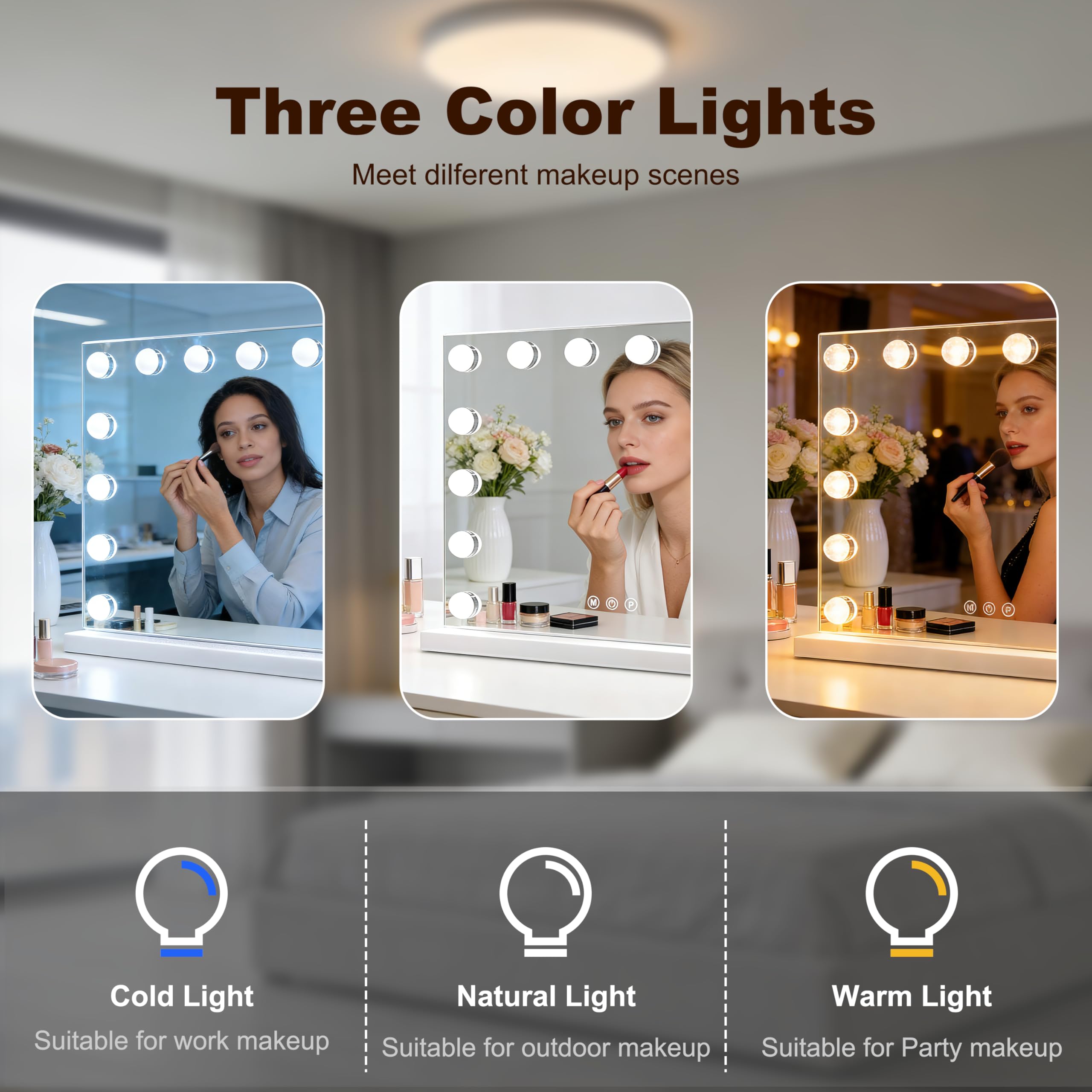 SURFOU Specchio Trucco con Luci Hollywood 50x42cm, Specchiera Make Up con 14 Lampadine LED Dimmerabili, 3 Colori Luce, Porta USB e Bluetooth, Specchio Ingranditore 10X, Da Tavolo o Parete, Bianco