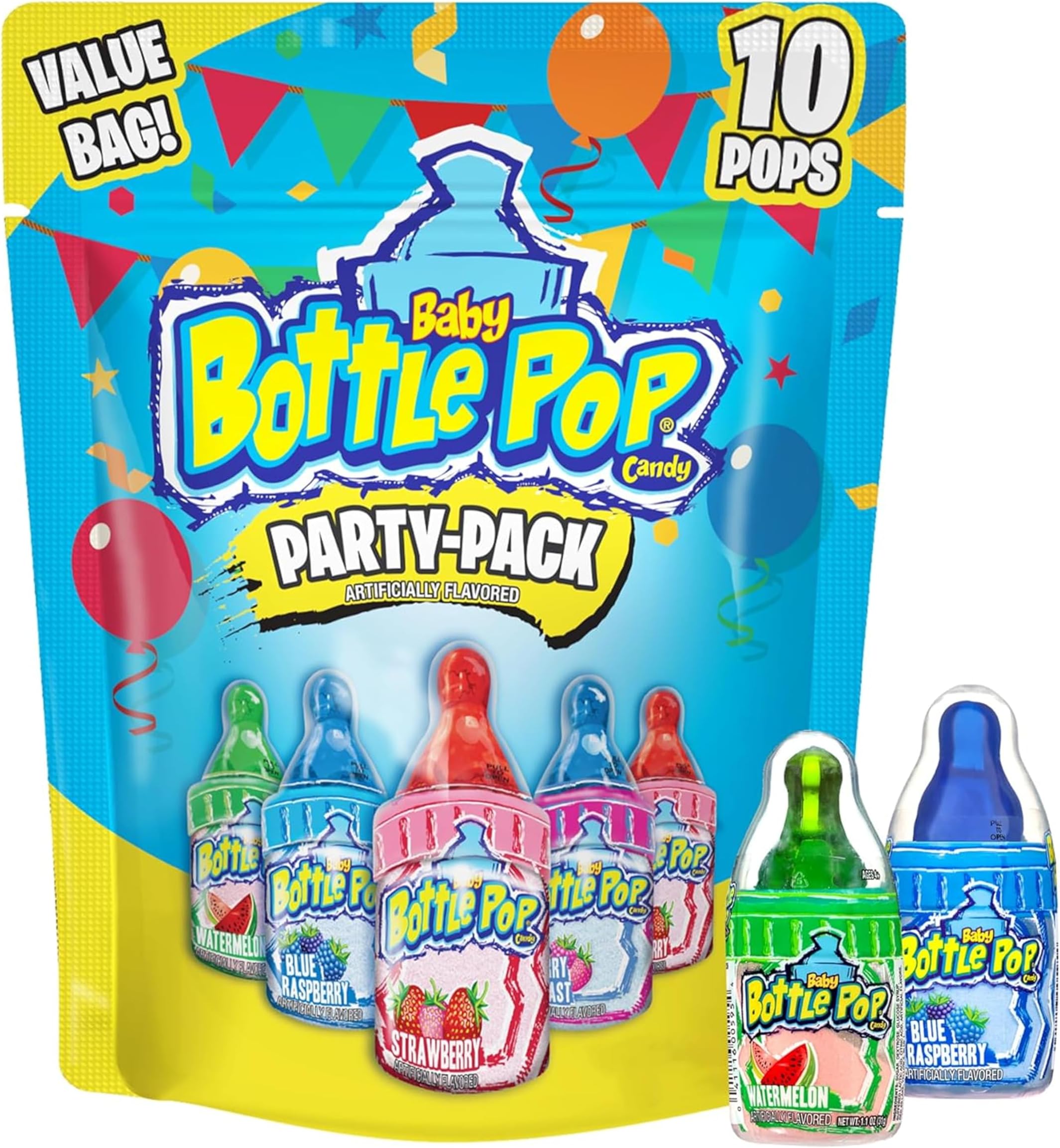 Baby Bottle Pop Candy Lollipops Variety Pack - 10 Ct Individually Wrapped Suckers with Powdered Dip - Assorted Bulk Candy for Kids Party Favors, Goodie Bags, Baby Shower & Gender Reveal