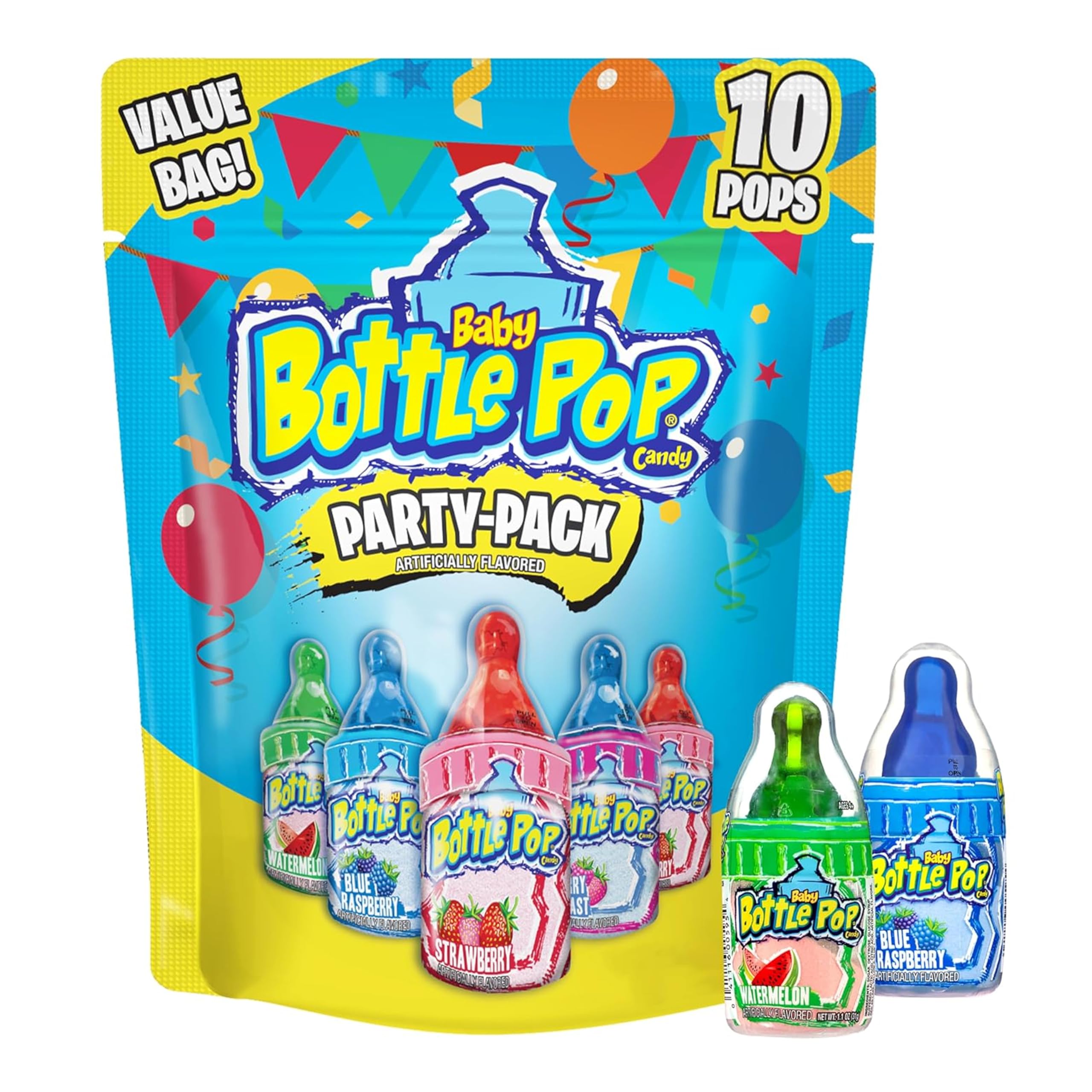 Baby Bottle Pop Paquete variado de fiesta de regreso a la escuela – 10 paletas envueltas individualmente con salsa de azúcar en polvo en varios sabores frutales – Caramelos/suministros divertidos para