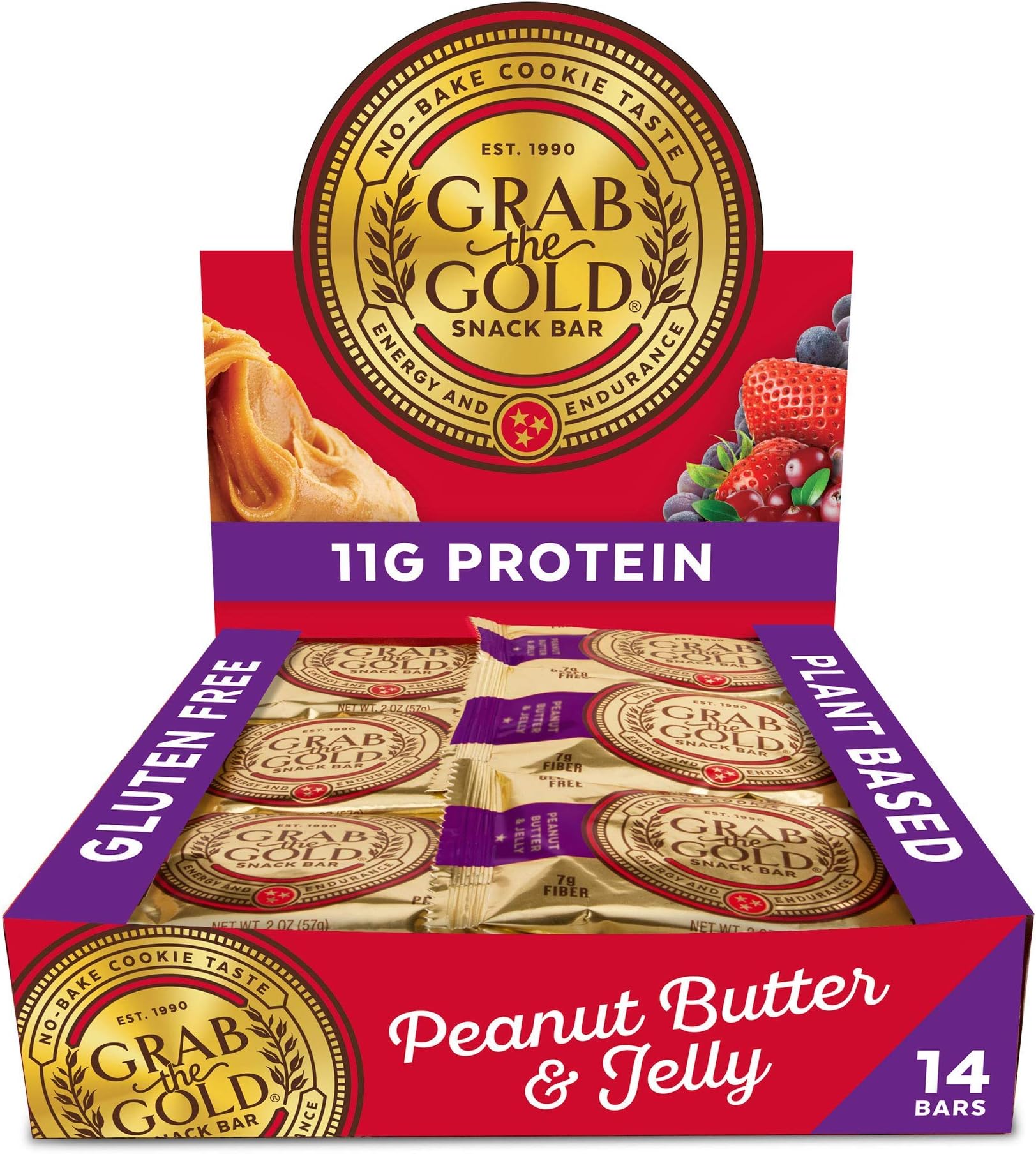 Grab The Gold Cranberries Peanut Butter & Jelly Protein Snack Bars | 11g Plant-Based Protein Bars with Organic Oats, Whole Food Nutrition | Gluten-Free, Vegan, High-Fiber | 14 Bars Amazon Exclusive, Made in USA