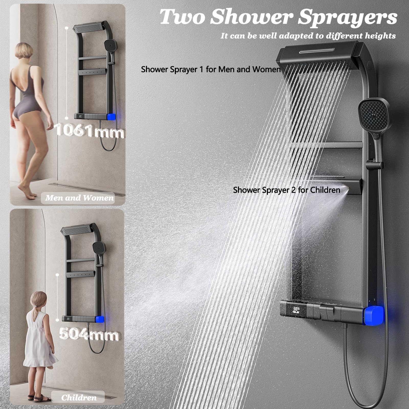 De Panel De Ducha con Pantalla LCD,Columna Ducha Hidromasaje con Grifo,Multifuncional Duchas De Baño Columna Termostatica,Thermostat,GunmetalGray