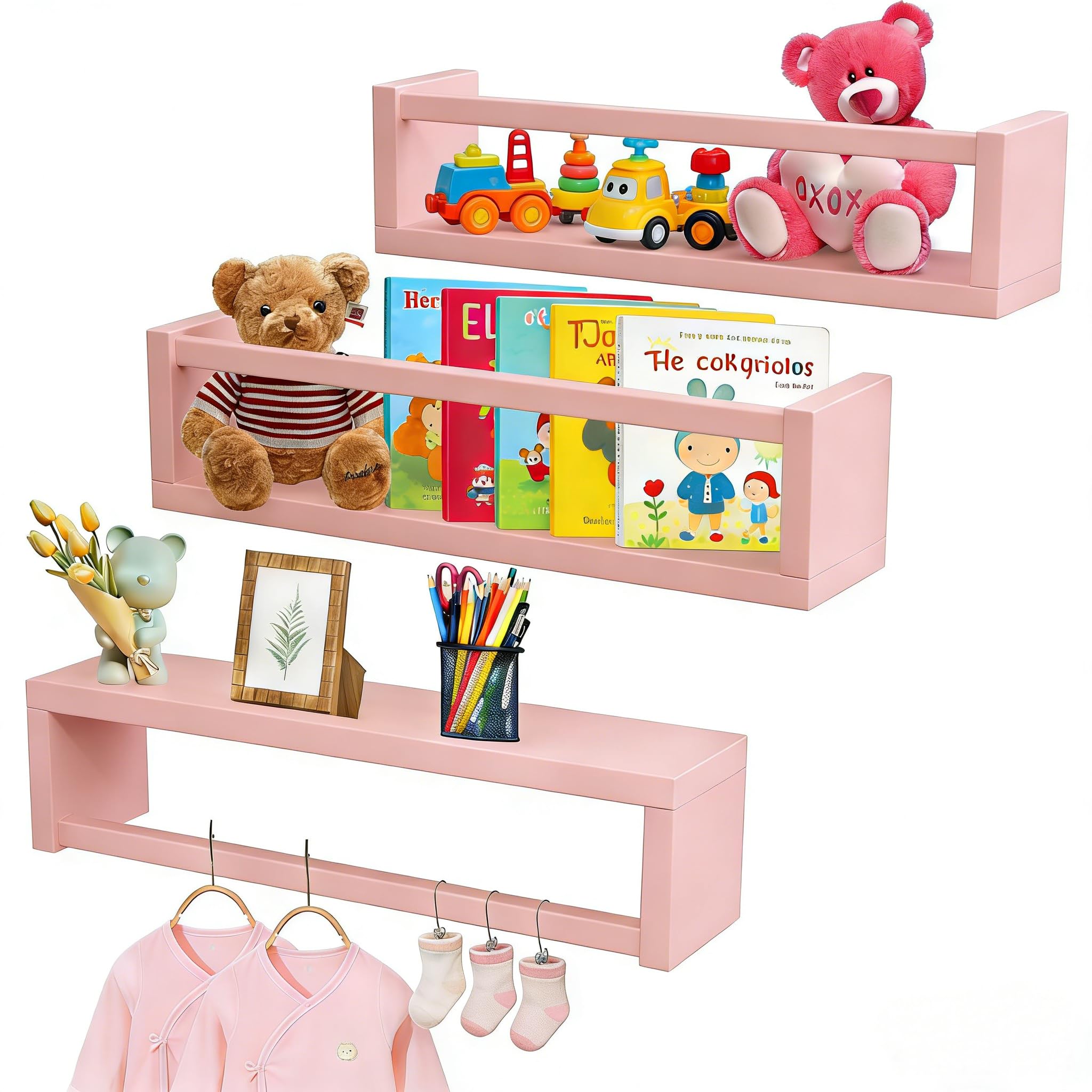 Emooncn Baby Floating Shelves, Set of 3 Nursery Shelves Wooden Baby Book Shelf Toys Storage Organizer Wall Bookshelf for Kids Bedroom Living Room,Easy to Hang, 40CM (Pure Pink)