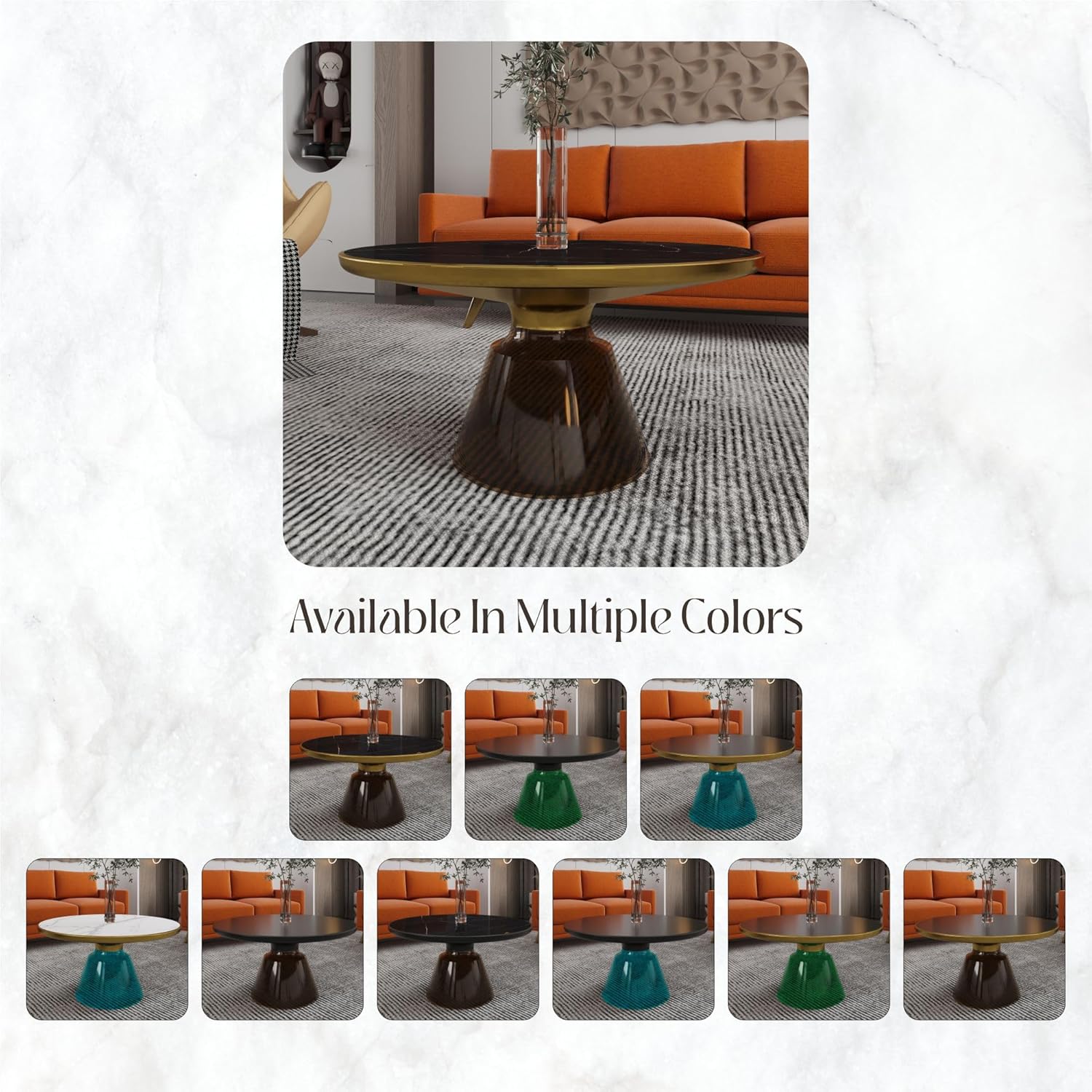 LeisureMod Tully 30" Round Coffee Table, Sintered Stone Top, Brushed Gold Iron Rim & Tempered Glass Base, Modern Black Stone Coffee Table for Living Room, Office, No Assembly